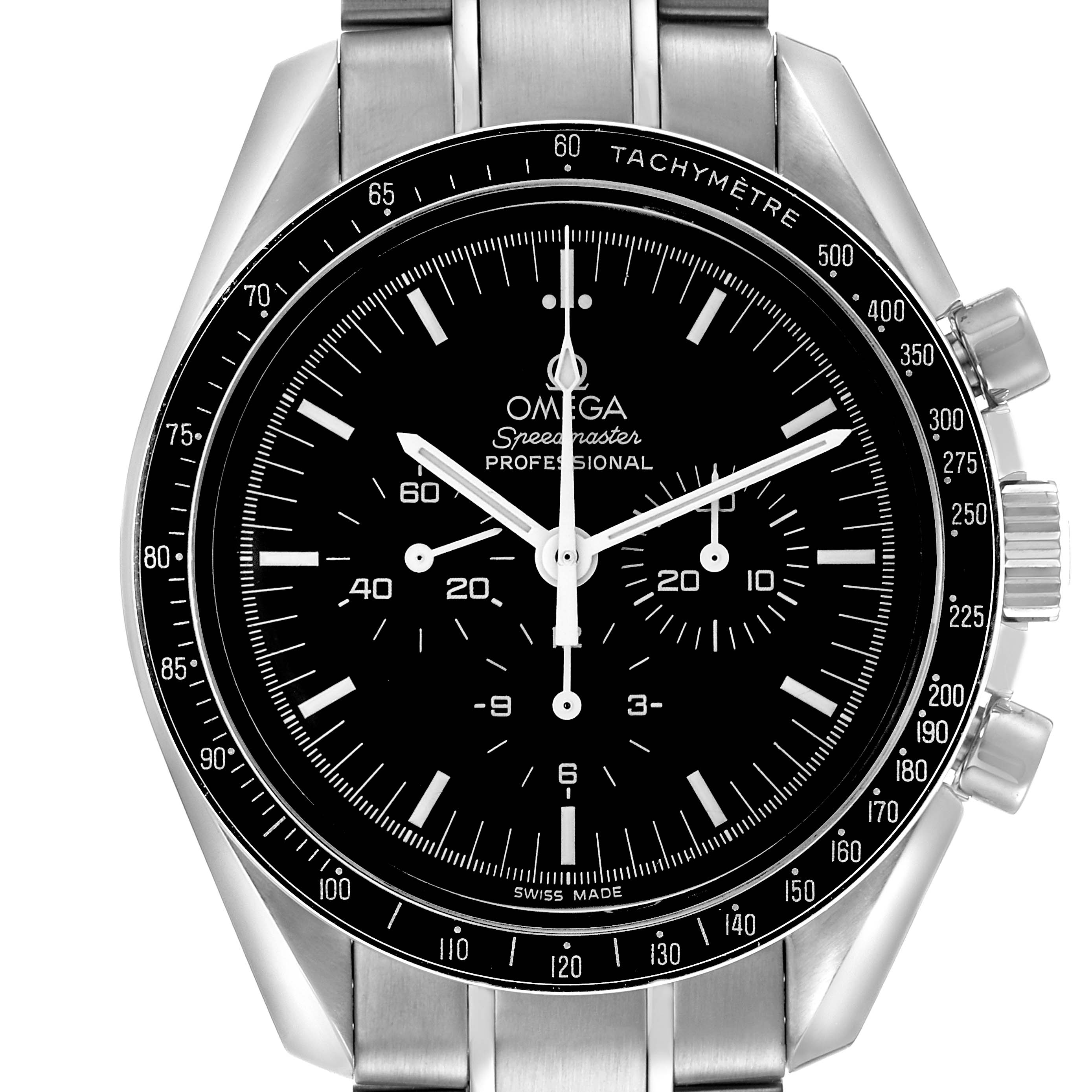 The Omega Speedmaster 3570.50.00 Men
s Stainless Steel Black Dial watch is shown from the front, detailing the dial, bezel, and chronograph buttons.