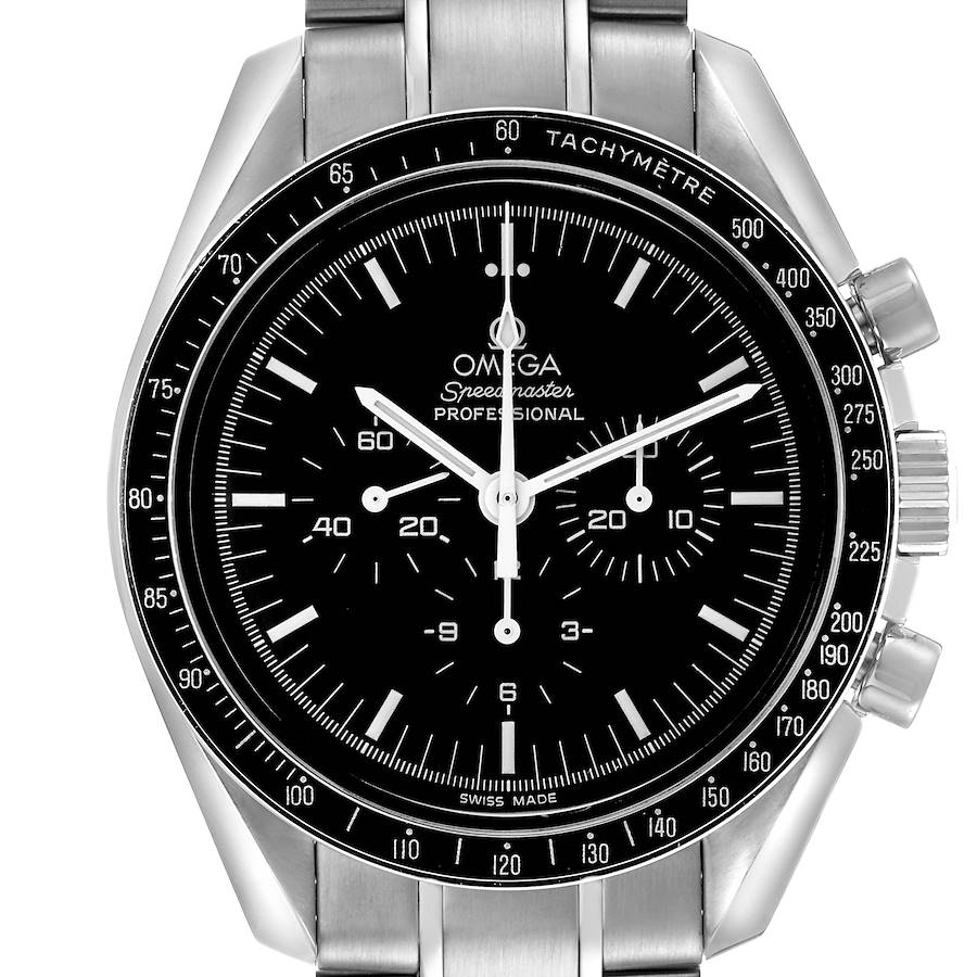 The image shows a front view of an Omega Speedmaster model 3570.50.00 men's watch, highlighting the dial, bezel, pushers, and bracelet.