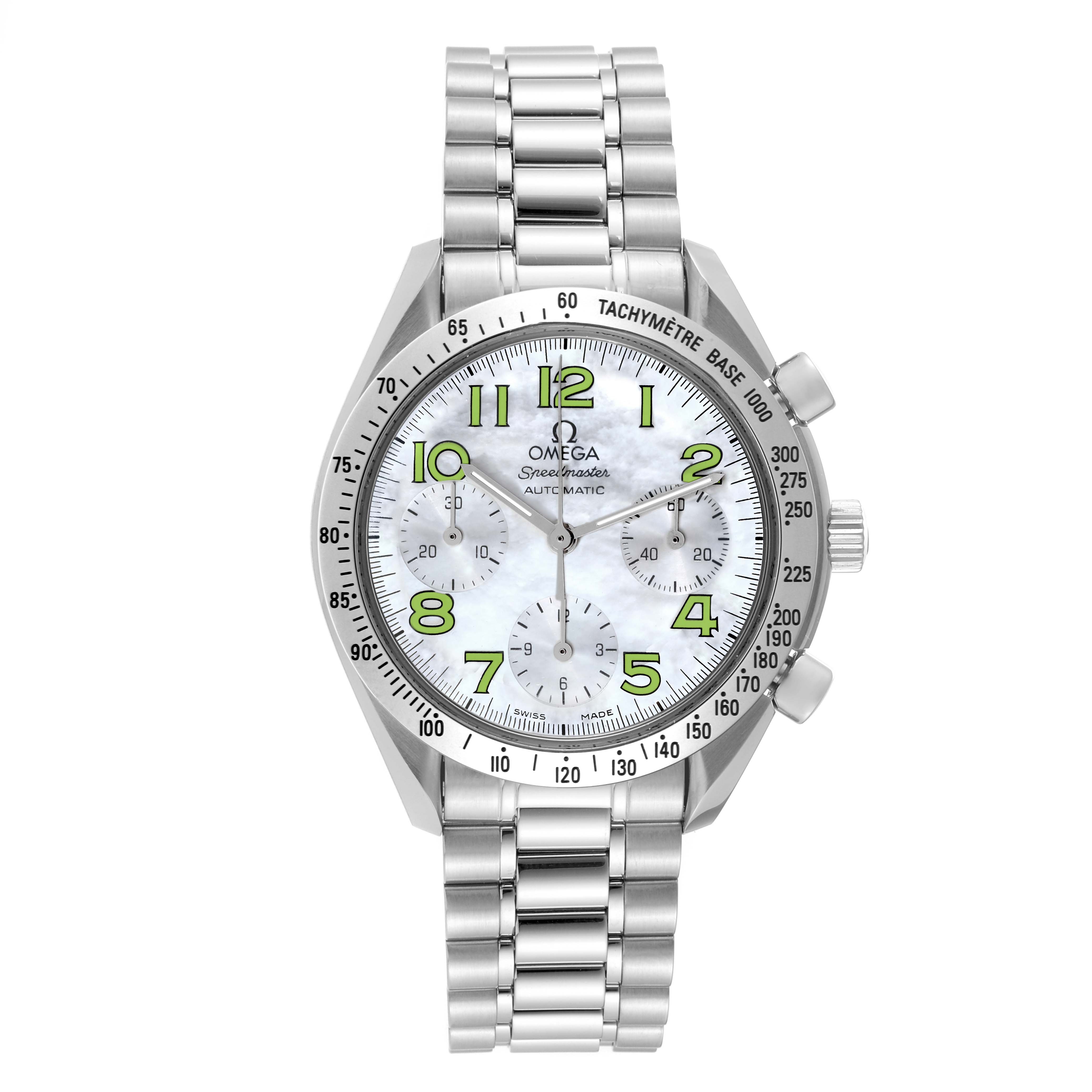 The image shows a front view of the Omega Speedmaster 3534.72.00 Men's Stainless Steel Mother of Pearl Dial 3534.72.00 Men's Stainless Steel Mother of Pearl Dial watch, highlighting its face, bezel, crown, pushers, and metal bracelet.