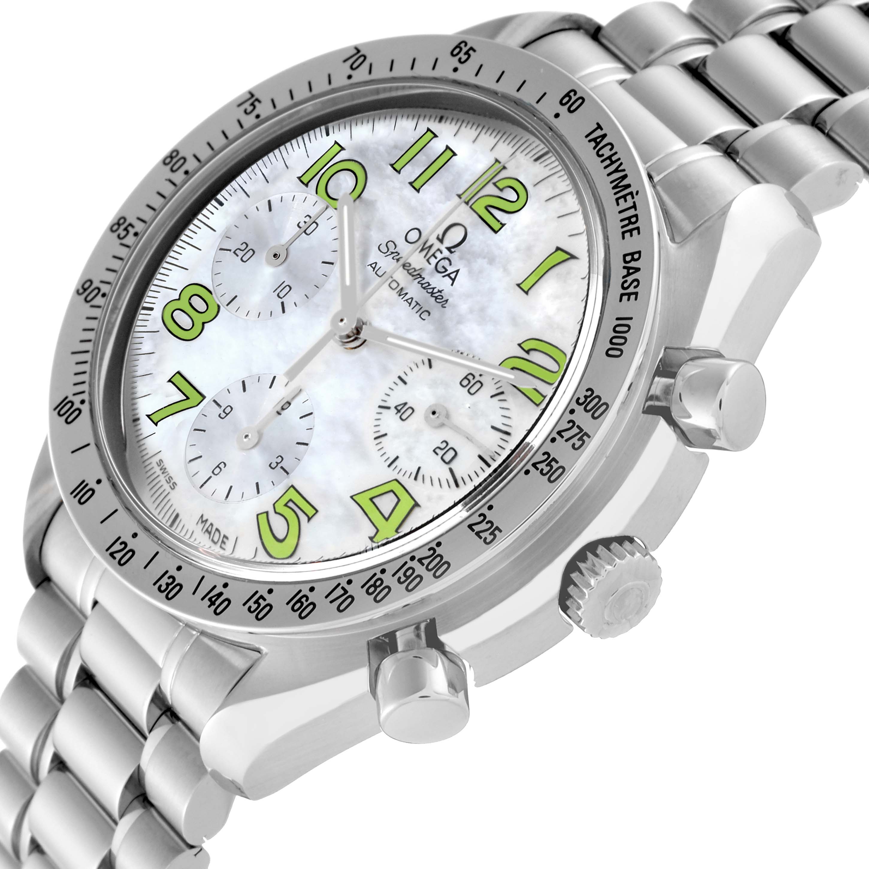 The Omega Speedmaster 3534.72.00 Men's Stainless Steel Mother of Pearl Dial 3534.72.00 Men's Stainless Steel Mother of Pearl Dial watch is shown at an angled view highlighting its face, side buttons, and stainless steel bracelet.