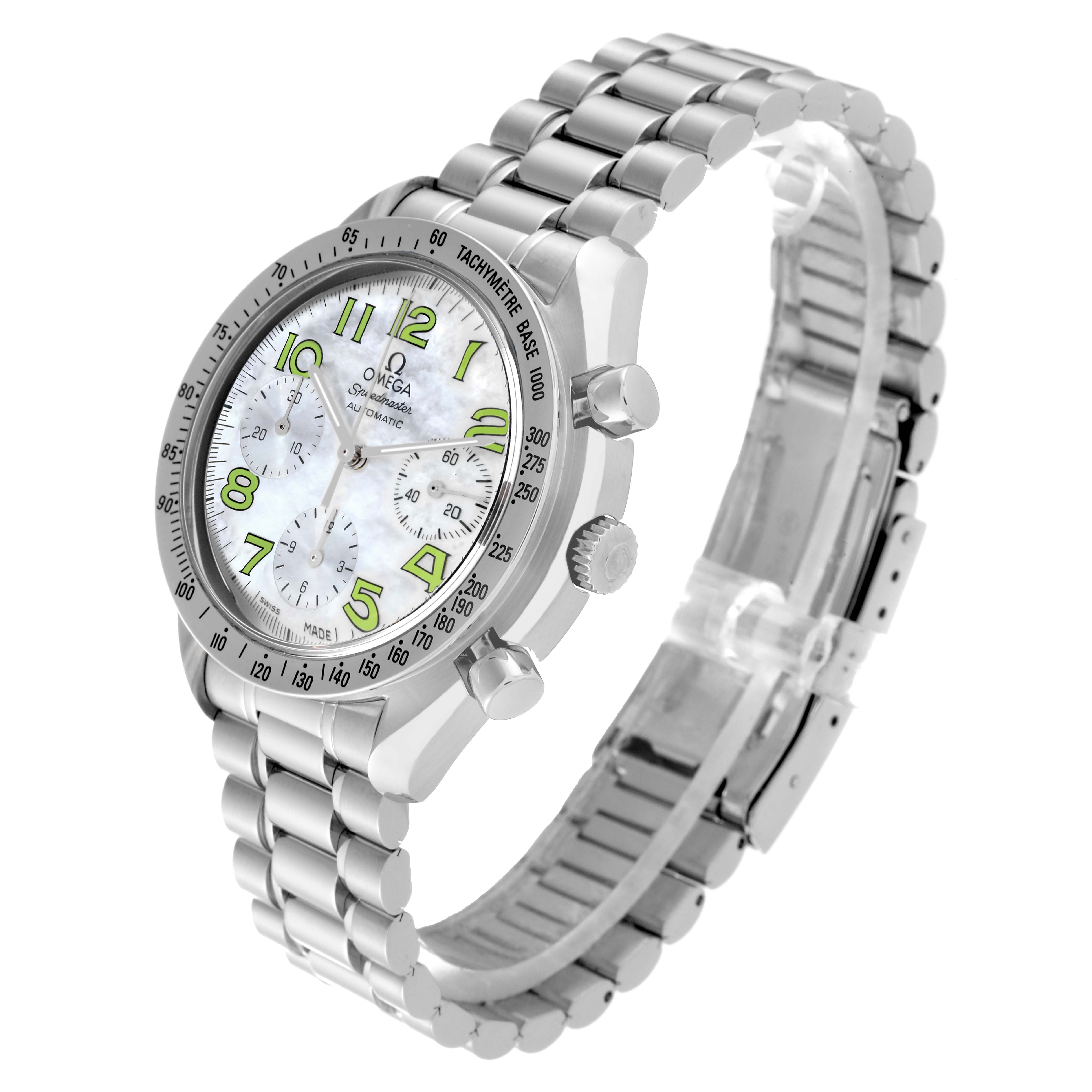 The image shows an angled view of the Omega Speedmaster 3534.72.00 Men's Stainless Steel Mother of Pearl Dial 3534.72.00 Men's Stainless Steel Mother of Pearl Dial watch, highlighting its dial, bezel, and metal bracelet.