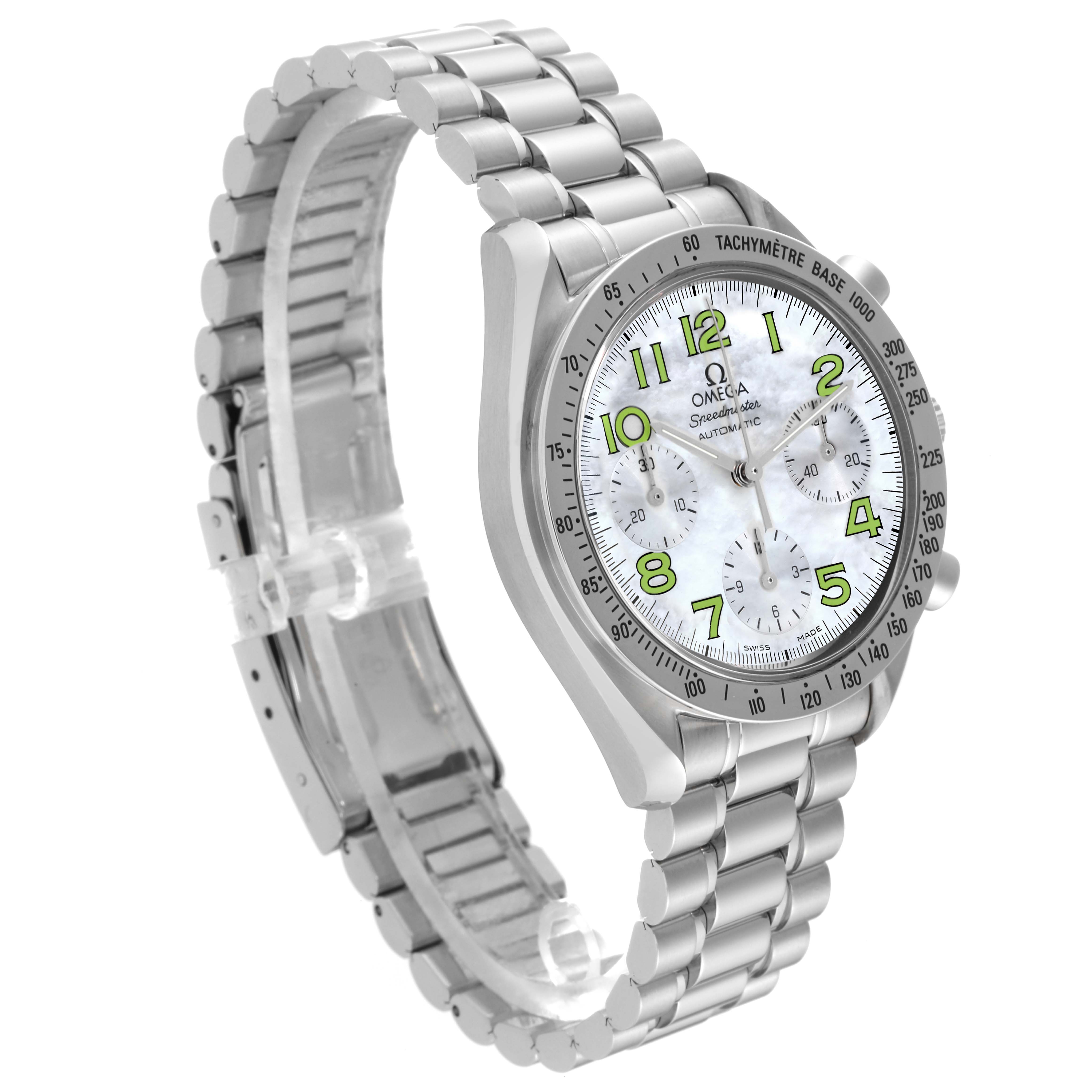 This image shows an Omega Speedmaster 3534.72.00 Men's Stainless Steel Mother of Pearl Dial 3534.72.00 Men's Stainless Steel Mother of Pearl Dial watch at a three-quarter angle emphasizing its dial, bezel, and stainless steel bracelet.
