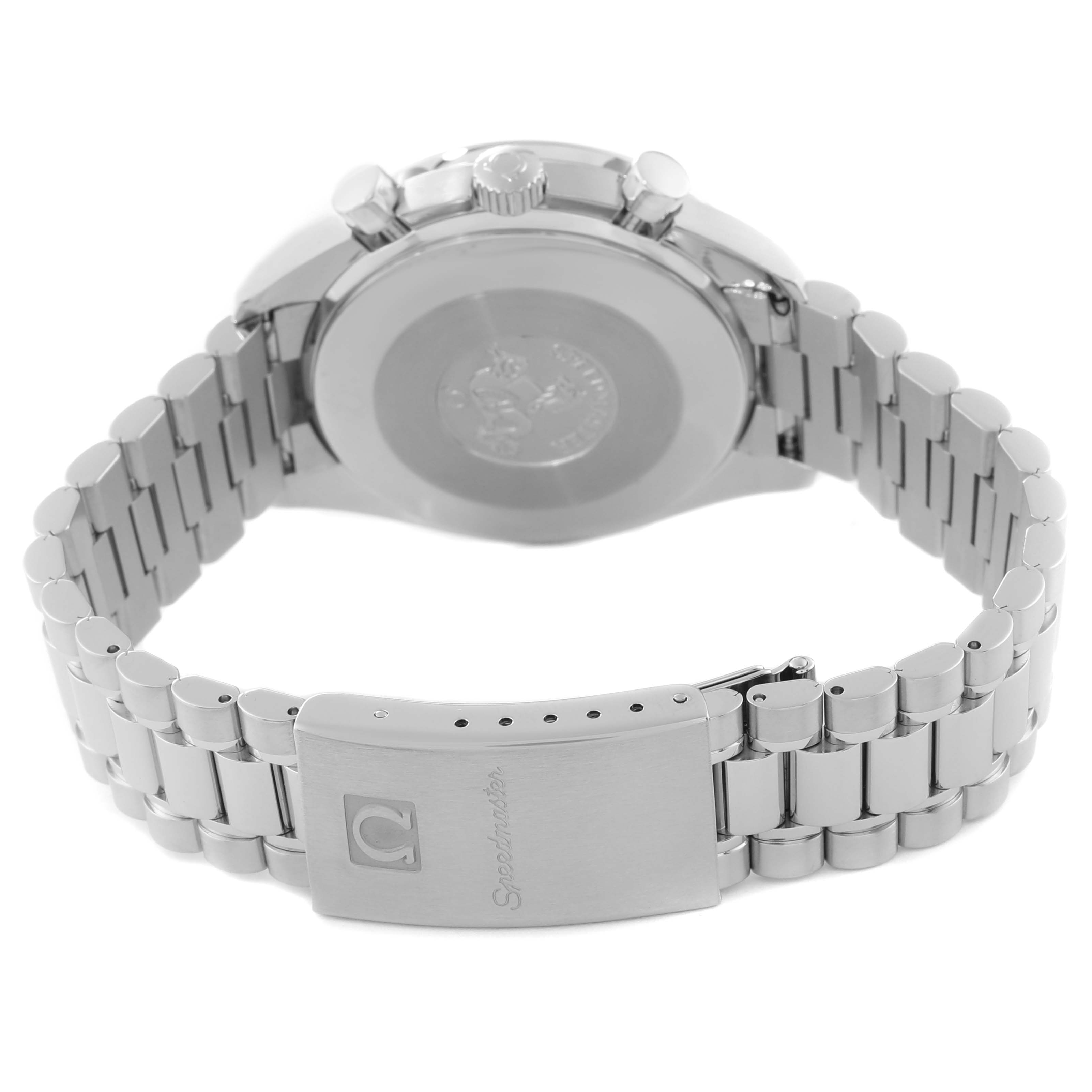 This Omega Speedmaster 3534.72.00 Men's Stainless Steel Mother of Pearl Dial 3534.72.00 Men's Stainless Steel Mother of Pearl Dial watch is shown from the back, highlighting its stainless steel bracelet and clasp.