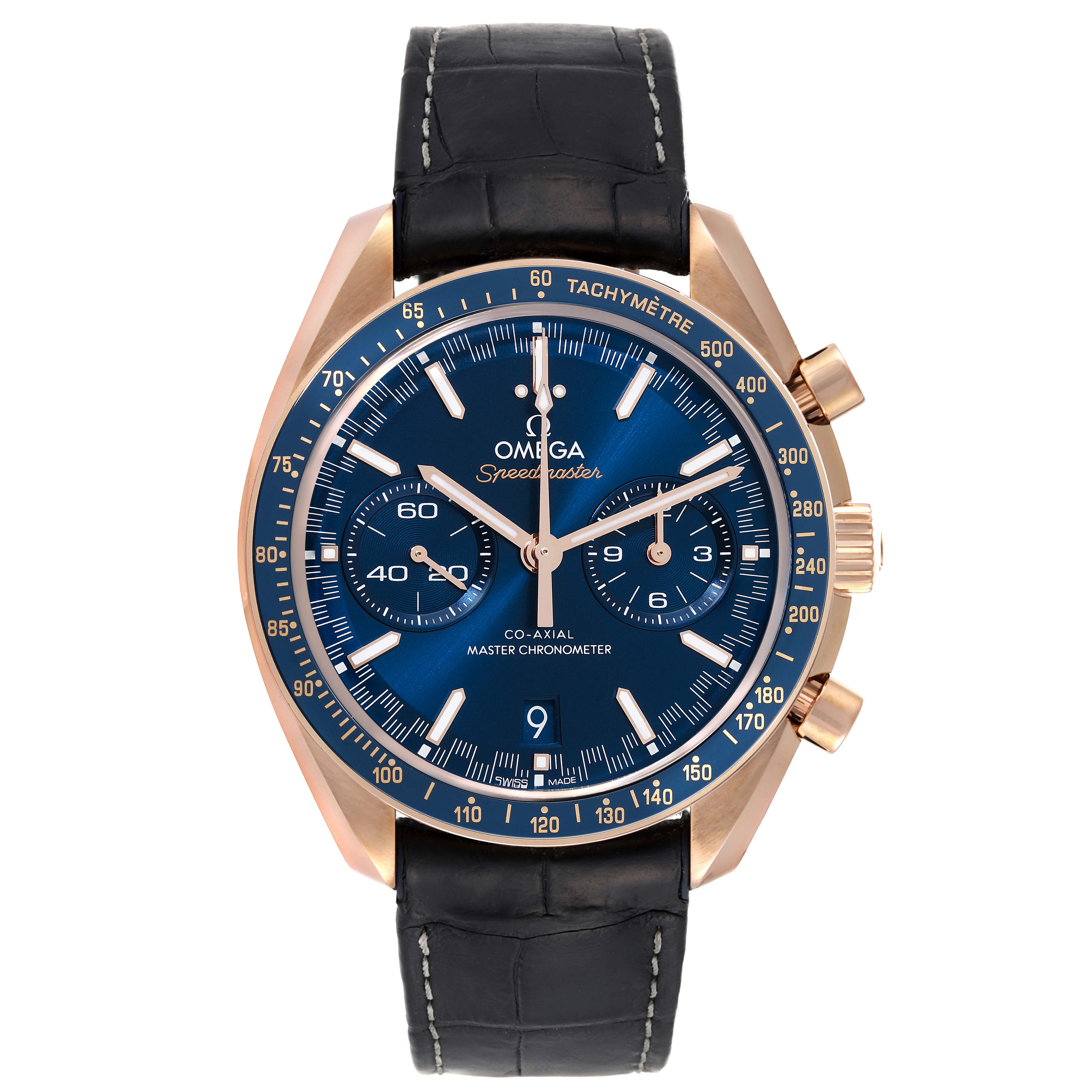 The Omega Speedmaster 329.53.44.51.03.001 Men's Rose Gold Blue Dial 329.53.44.51.03.001 Men's Rose Gold Blue Dial watch is shown from a front angle, displaying the dial, case, and leather strap.