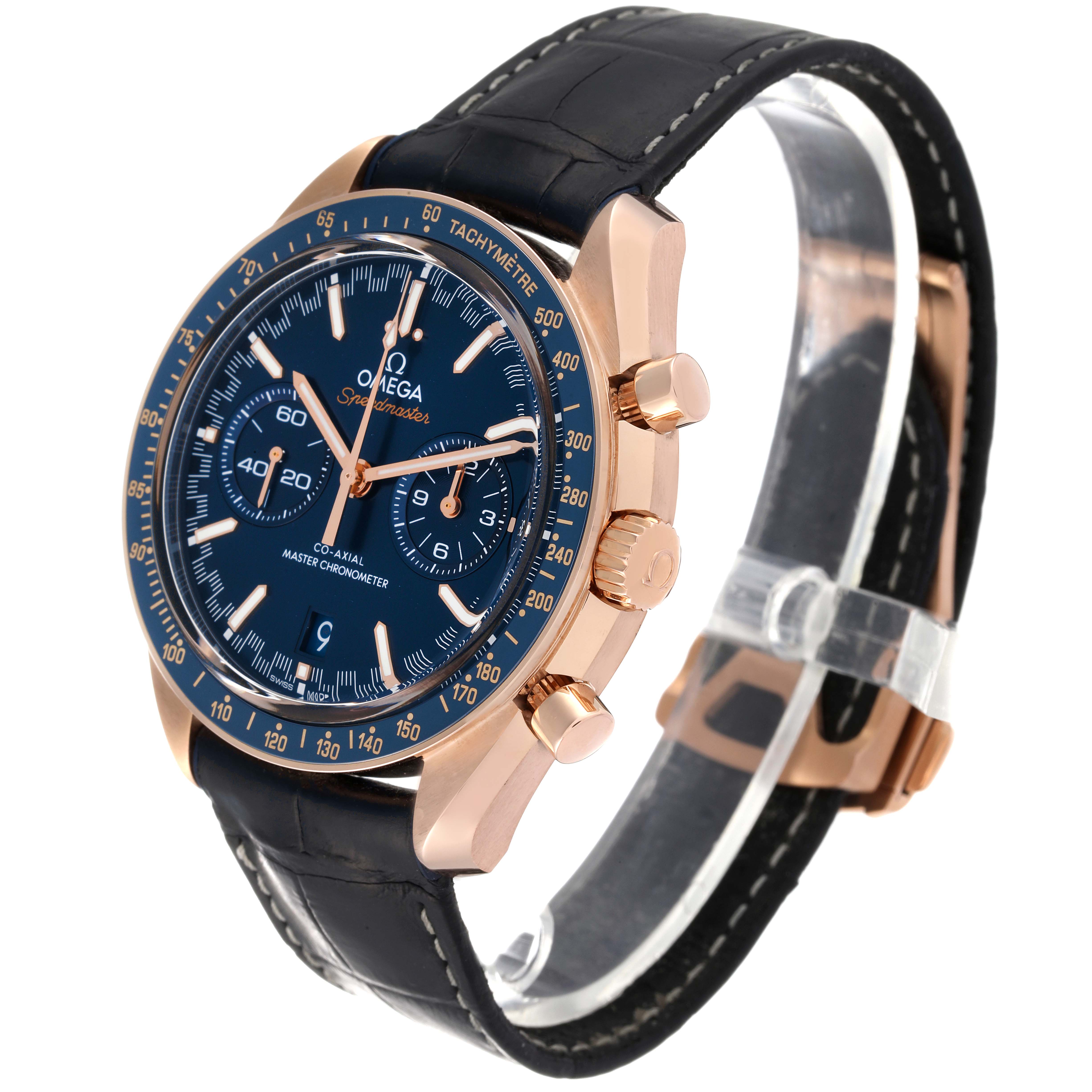 This Omega Speedmaster 329.53.44.51.03.001 Men's Rose Gold Blue Dial 329.53.44.51.03.001 Men's Rose Gold Blue Dial watch is shown from a three-quarter angle, highlighting the face, crown, pushers, and leather strap.