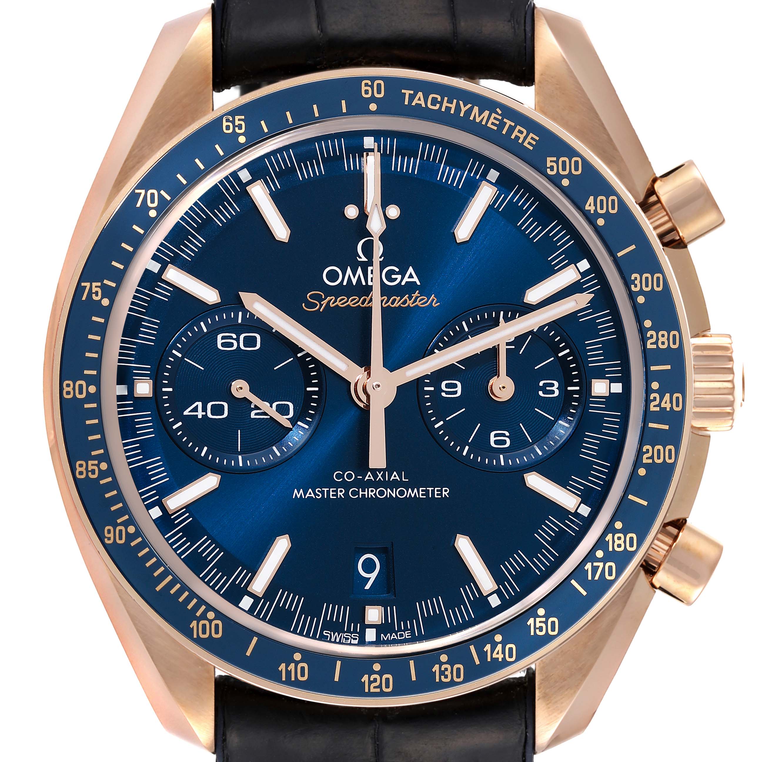 This Omega Speedmaster 329.53.44.51.03.001 Men's Rose Gold Blue Dial 329.53.44.51.03.001 Men's Rose Gold Blue Dial watch is shown from the front, displaying the dial, subdials, tachymeter bezel, and pushers.