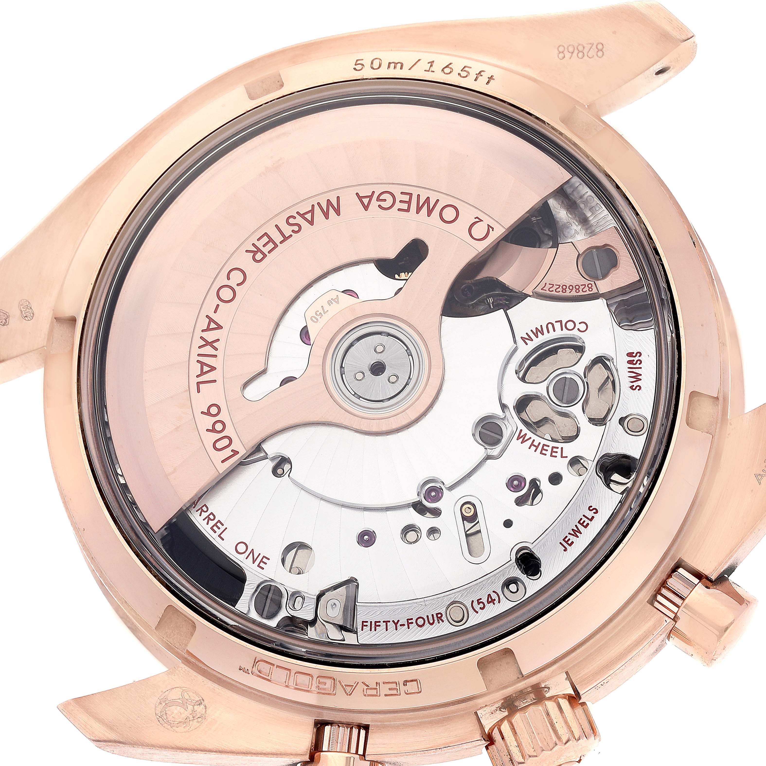 This image shows the backside of an Omega Speedmaster 329.53.44.51.03.001 Men's Rose Gold Blue Dial 329.53.44.51.03.001 Men's Rose Gold Blue Dial watch, revealing its internal mechanical components.