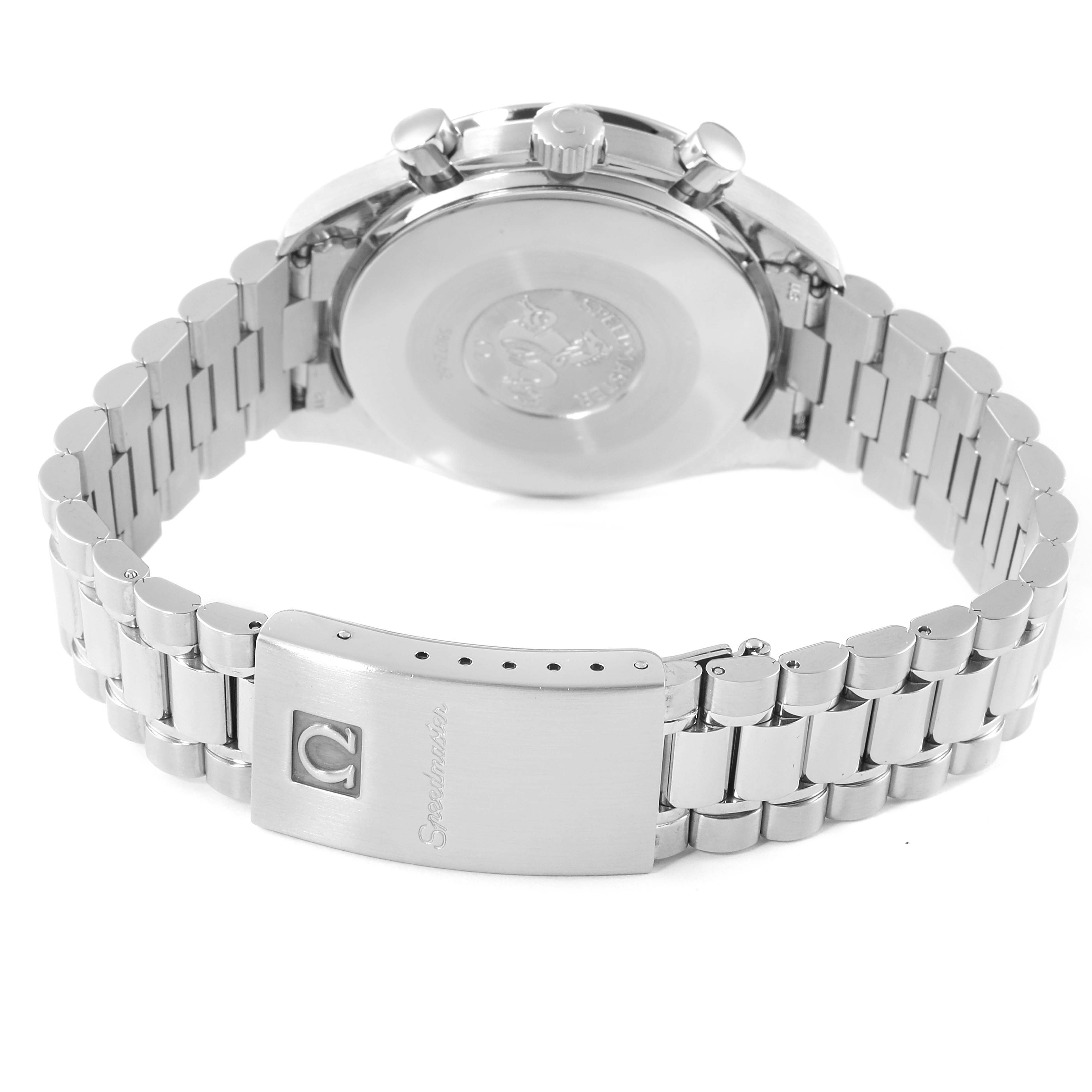 The image shows the back case and metal bracelet of an Omega Speedmaster 3510.50.00 Men
s Stainless Steel Black Dial 3510.50.00 Men
s Stainless Steel Black Dial watch from an angled rear view.