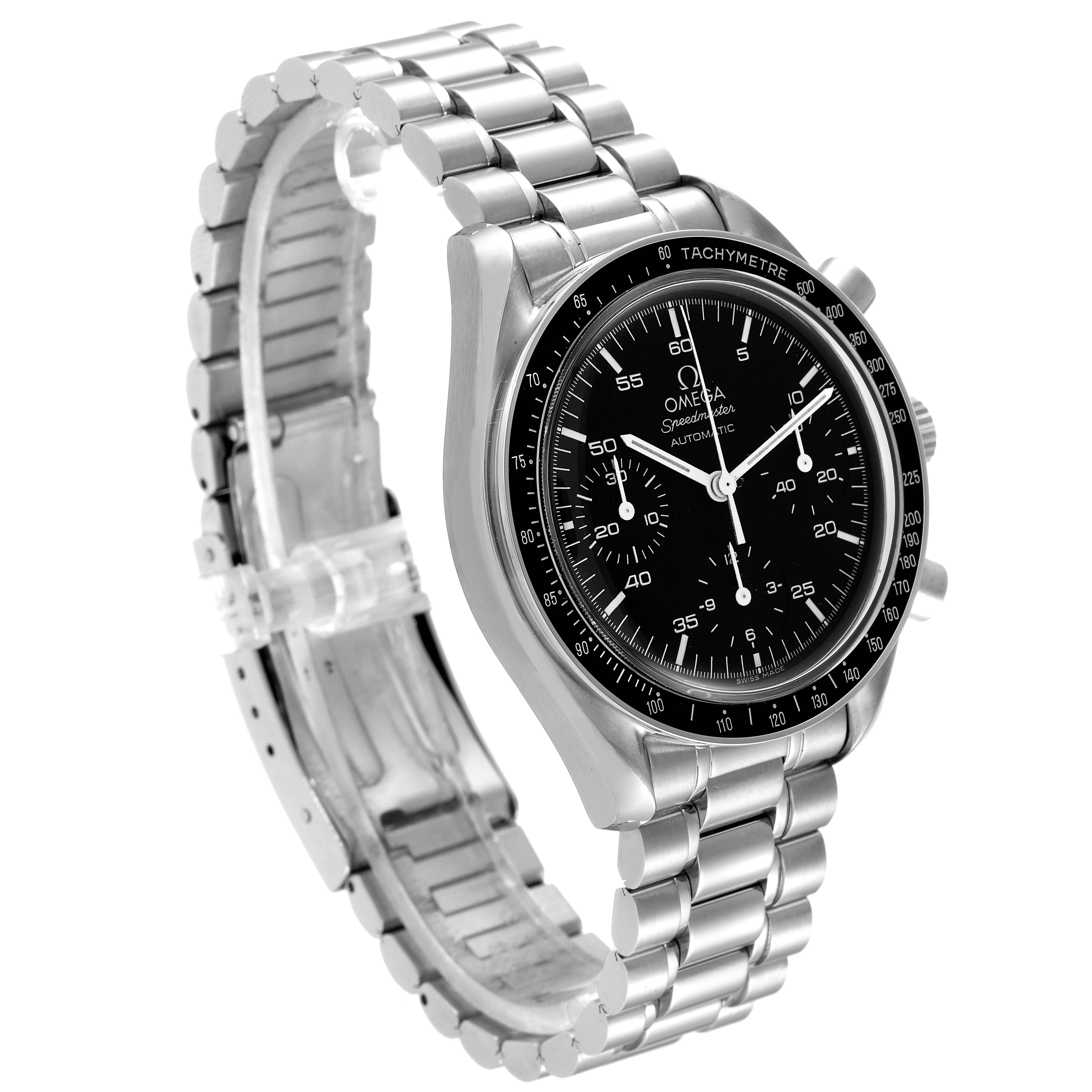 The image shows an angled view of the Omega Speedmaster 3510.50.00 Men
s Stainless Steel Black Dial 3510.50.00 Men
s Stainless Steel Black Dial watch highlighting its face, bezel, and stainless steel bracelet.
