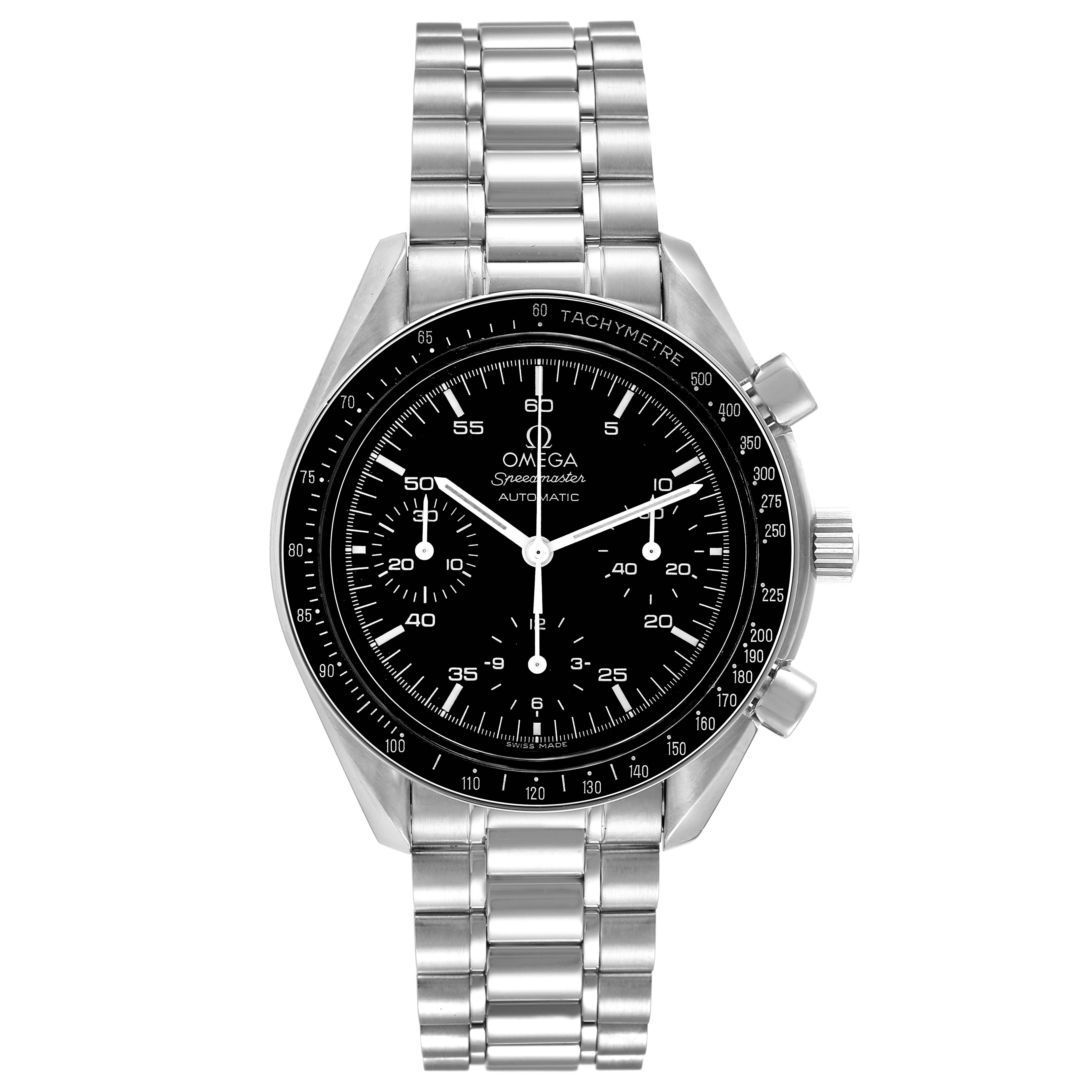 Front view of the Omega Speedmaster 3510.50.00 Men
s Stainless Steel Black Dial 3510.50.00 Men
s Stainless Steel Black Dial watch, showing the face, bezel, pushers, and bracelet.