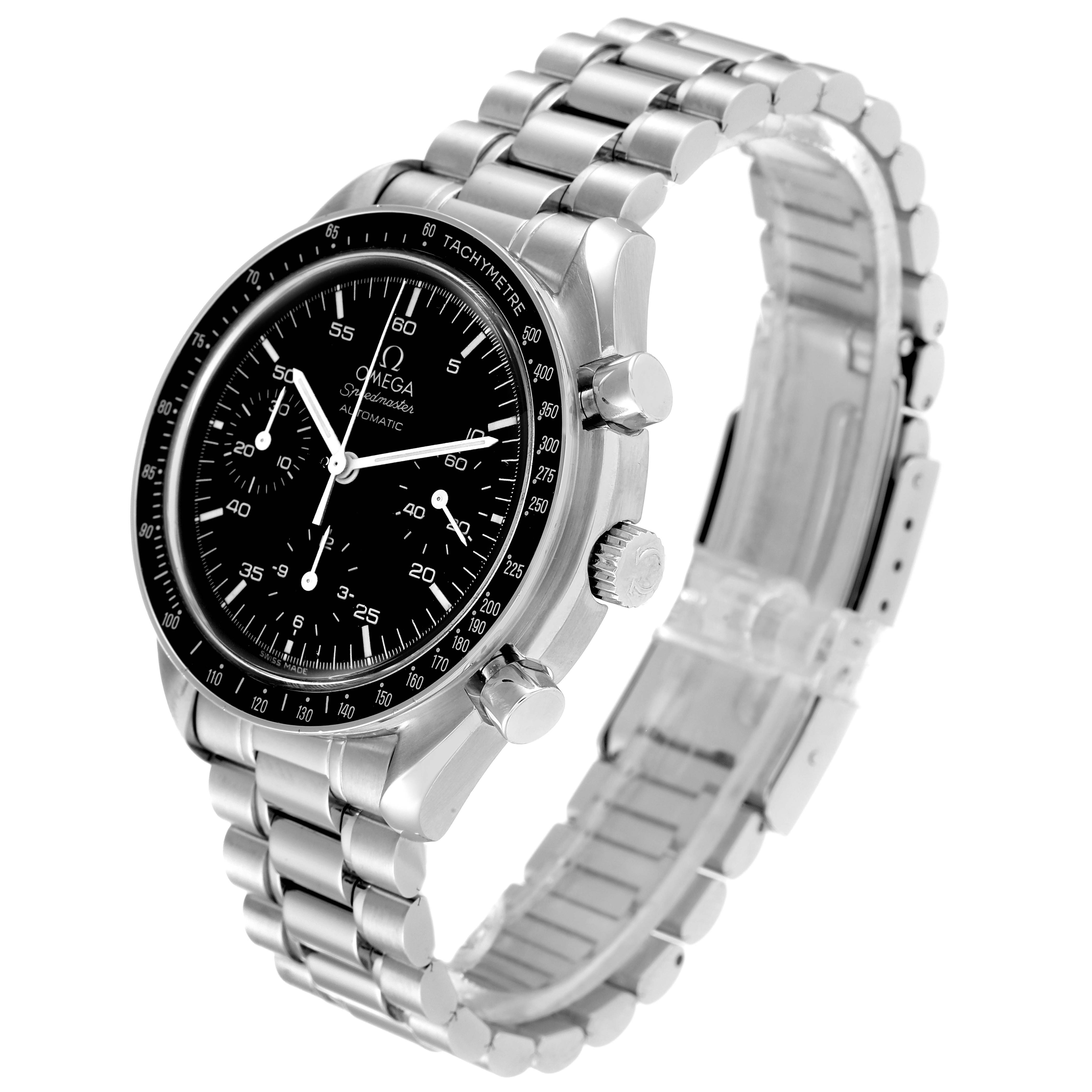 The Omega Speedmaster 3510.50.00 Men
s Stainless Steel Black Dial 3510.50.00 Men
s Stainless Steel Black Dial watch is shown from a three-quarter angle, displaying its dial, bezel, crown, pushers, and metal bracelet.