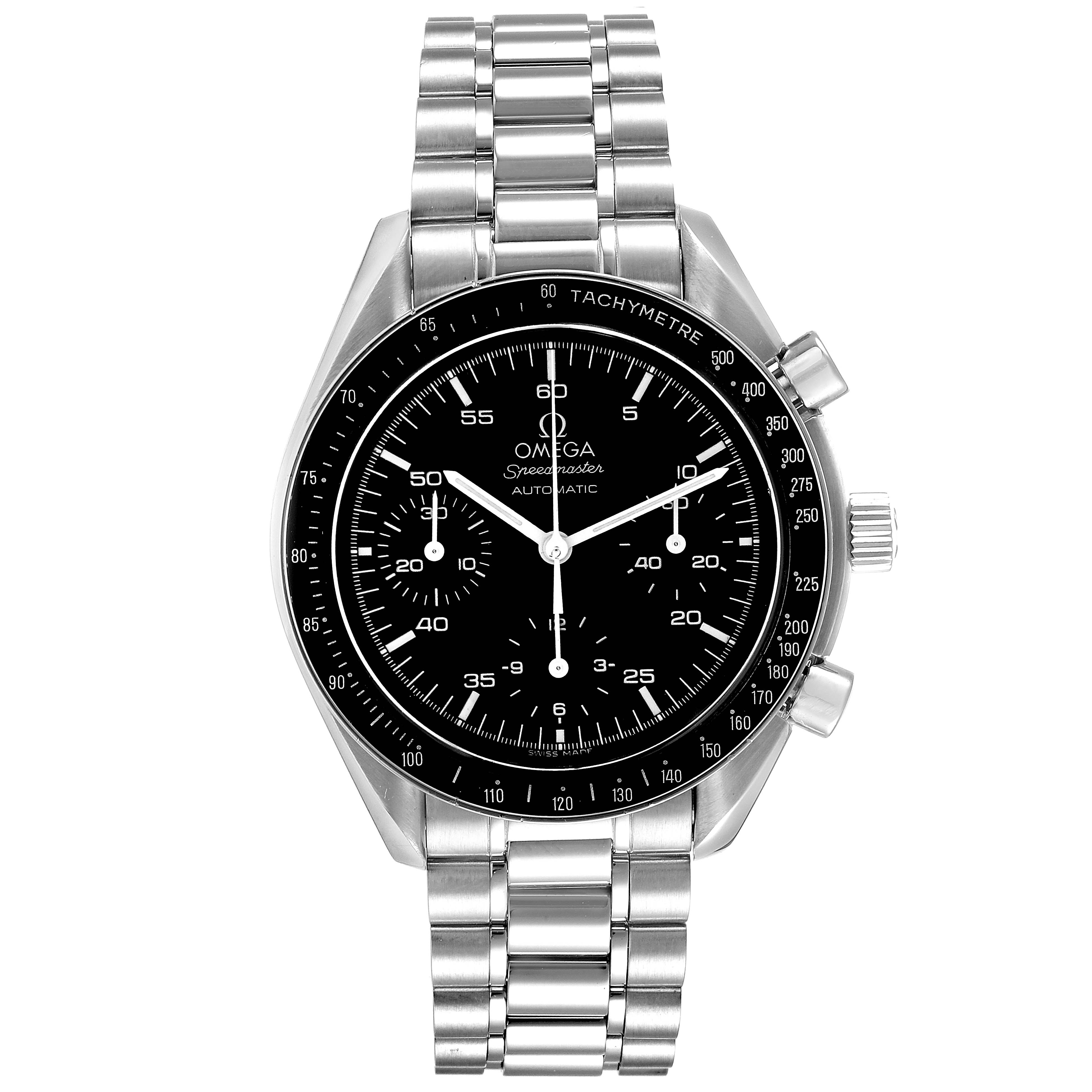 This image shows a front view of the Omega Speedmaster 3510.50.00 Men
s Stainless Steel Black Dial 3510.50.00 Men
s Stainless Steel Black Dial watch, highlighting its black dial, chronograph, and stainless steel bracelet.