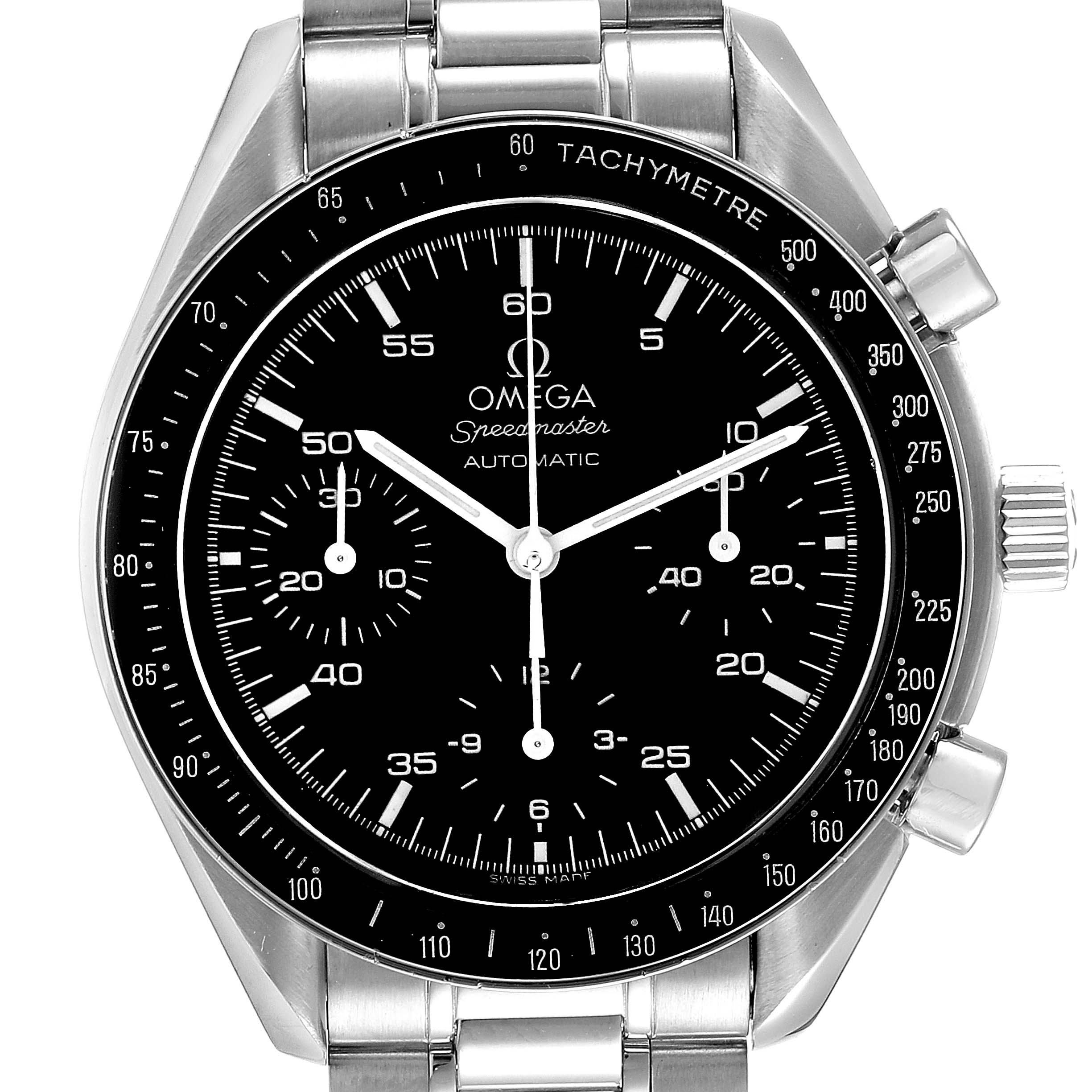 The image shows a front view of the Omega Speedmaster 3510.50.00 Men
s Stainless Steel Black Dial 3510.50.00 Men
s Stainless Steel Black Dial watch, displaying the dial, bezel, and part of the bracelet.