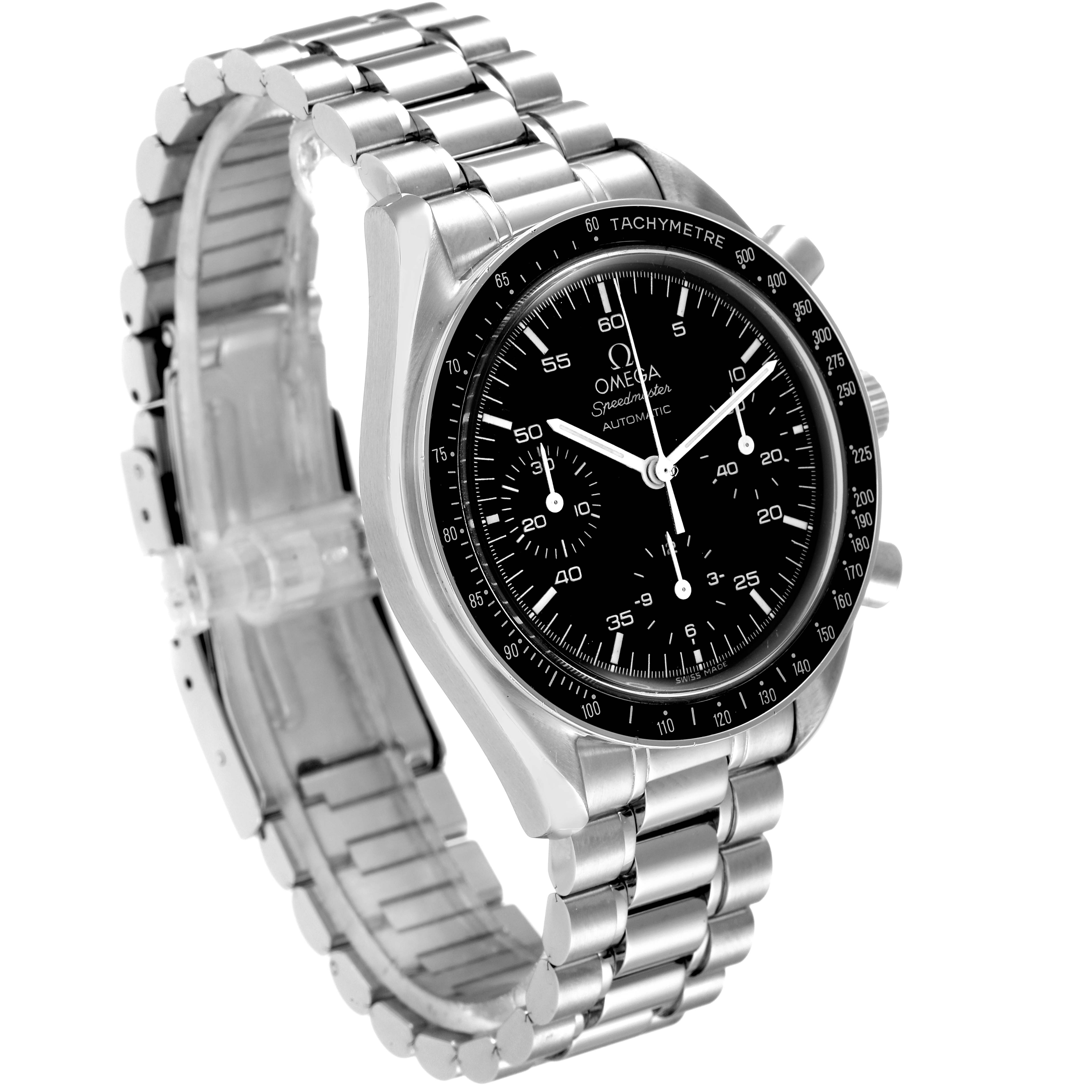 The Omega Speedmaster 3510.50.00 Men
s Stainless Steel Black Dial 3510.50.00 Men
s Stainless Steel Black Dial watch is shown at a slight angle, highlighting the face, bezel, crown, and metal bracelet.