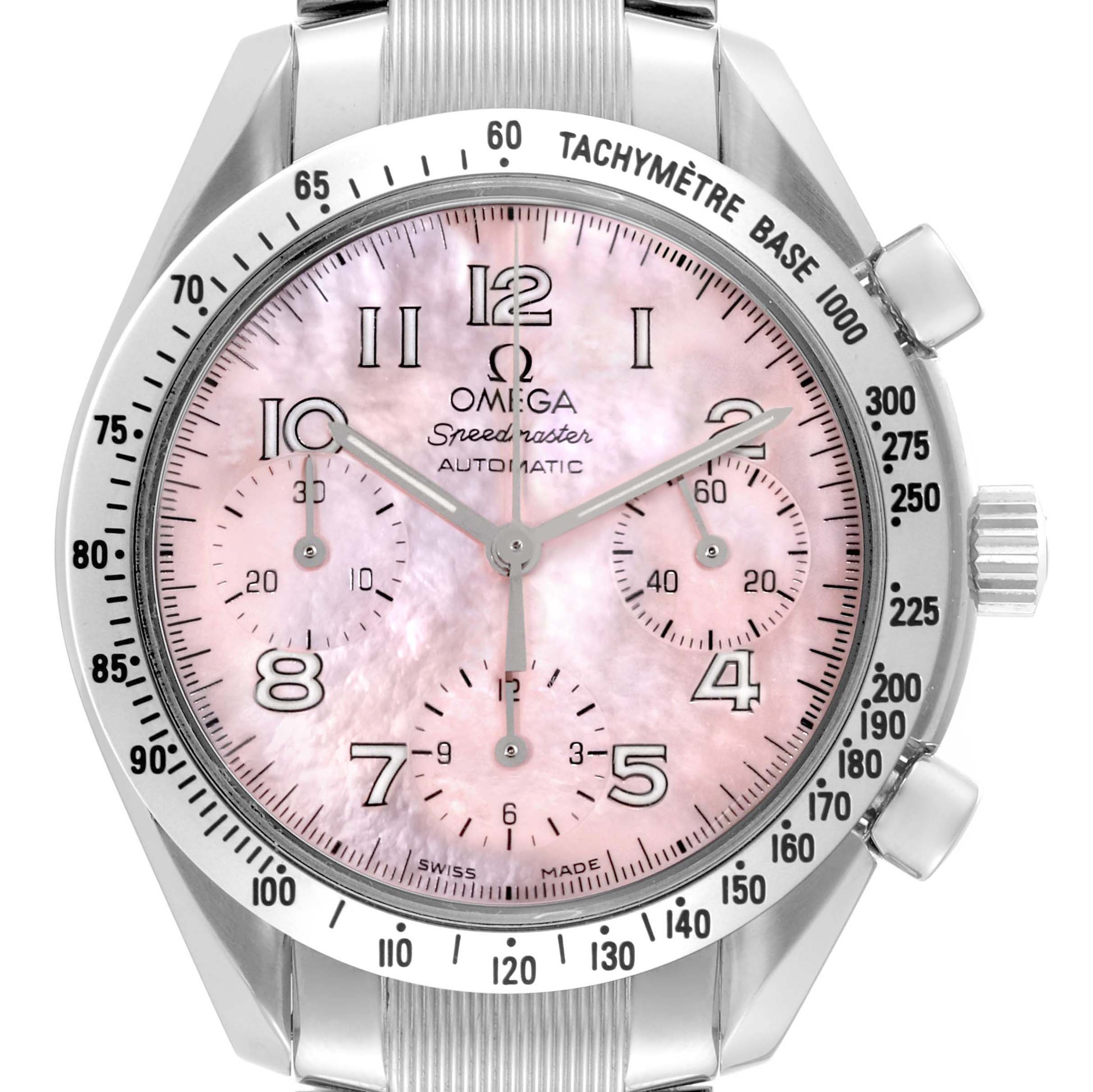 The Omega Speedmaster 3502.78.00 Men's Stainless Steel Mother of Pearl Dial 3502.78.00 Men's Stainless Steel Mother of Pearl Dial watch is shown from the front, displaying its dial, tachymeter bezel, and part of the metal bracelet.