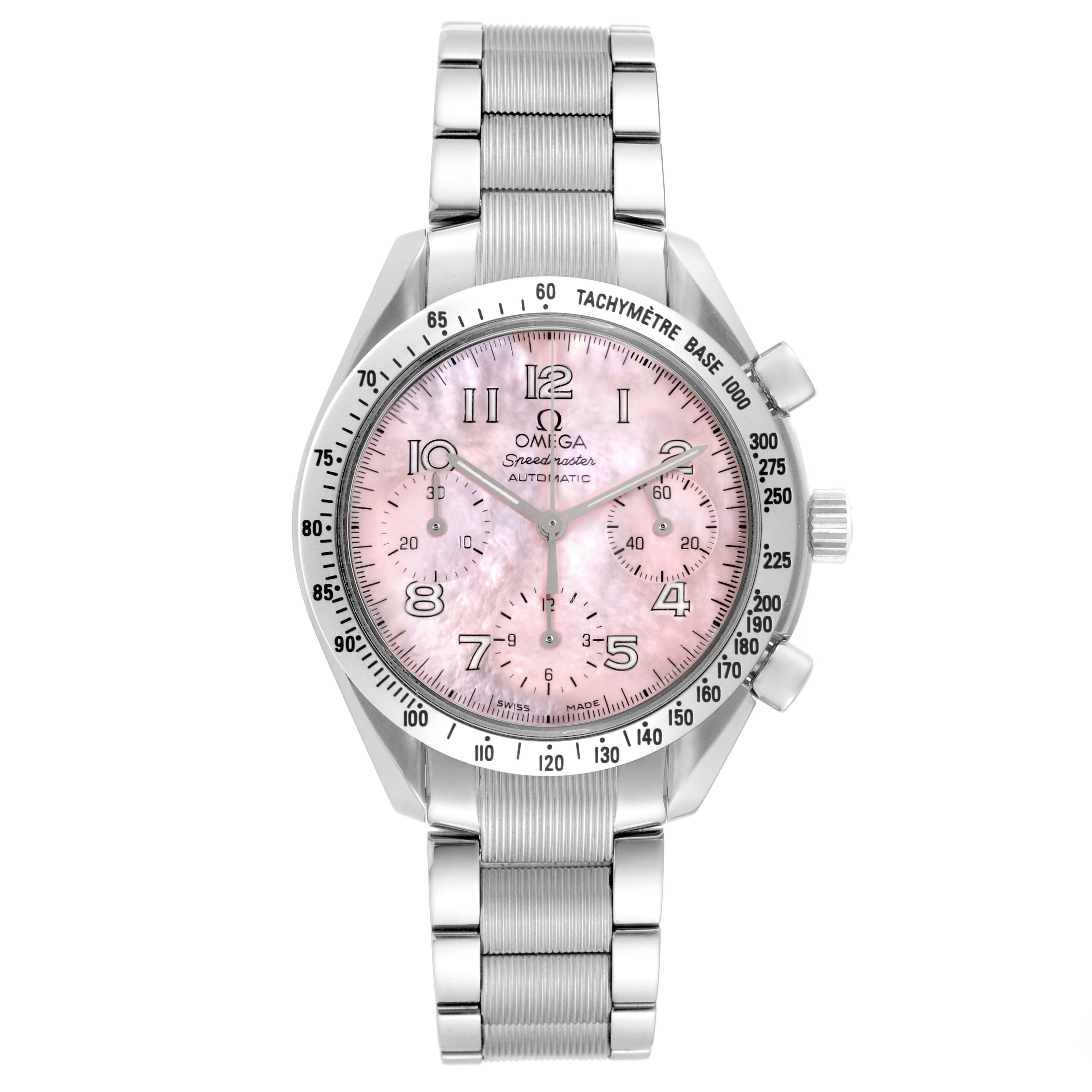 The Omega Speedmaster 3502.78.00 Men's Stainless Steel Mother of Pearl Dial 3502.78.00 Men's Stainless Steel Mother of Pearl Dial watch is shown from the front, displaying its pink dial, chronograph subdials, and metal bracelet.