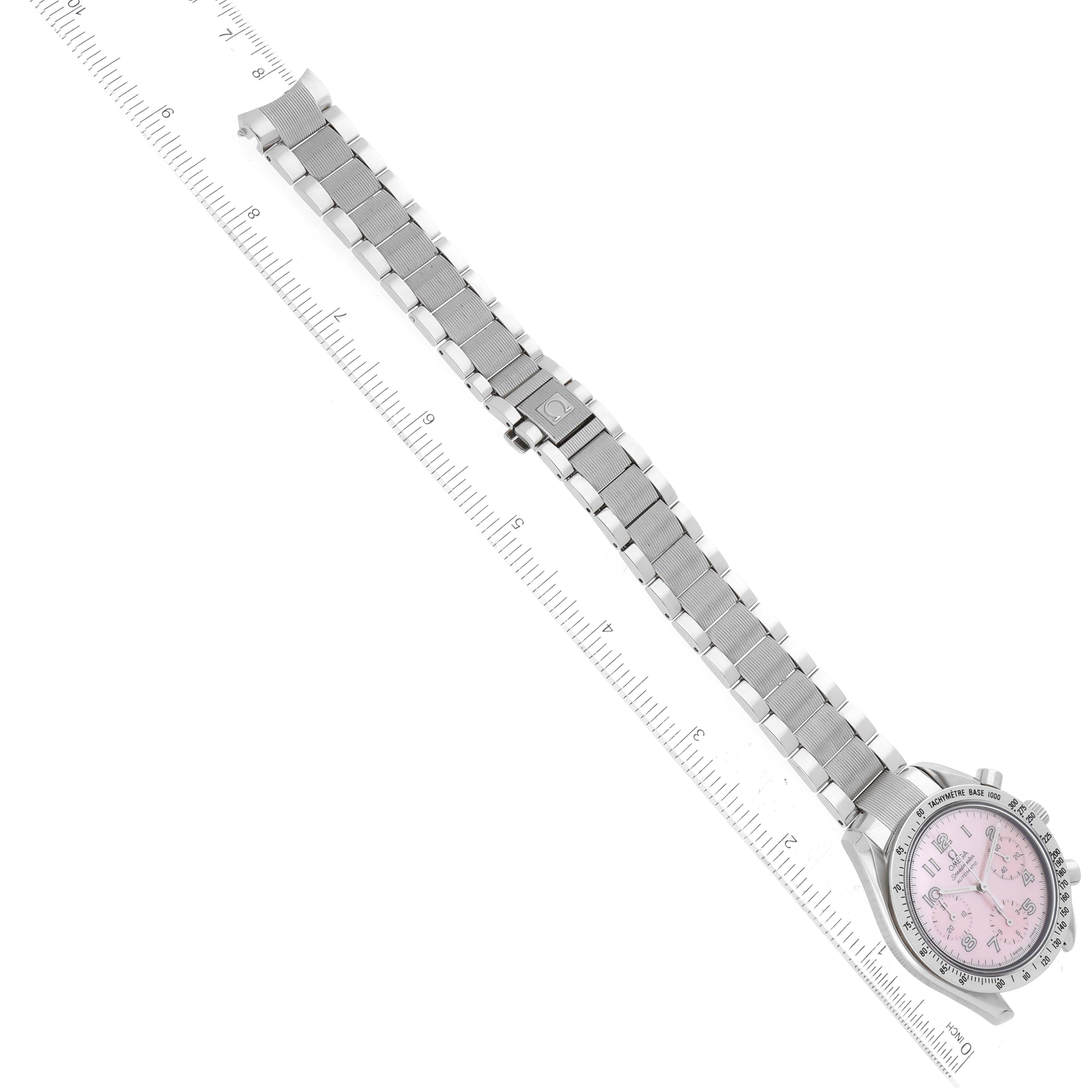 This image shows the Omega Speedmaster 3502.78.00 Men's Stainless Steel Mother of Pearl Dial 3502.78.00 Men's Stainless Steel Mother of Pearl Dial watch, viewed from above, highlighting its bracelet and pink dial.