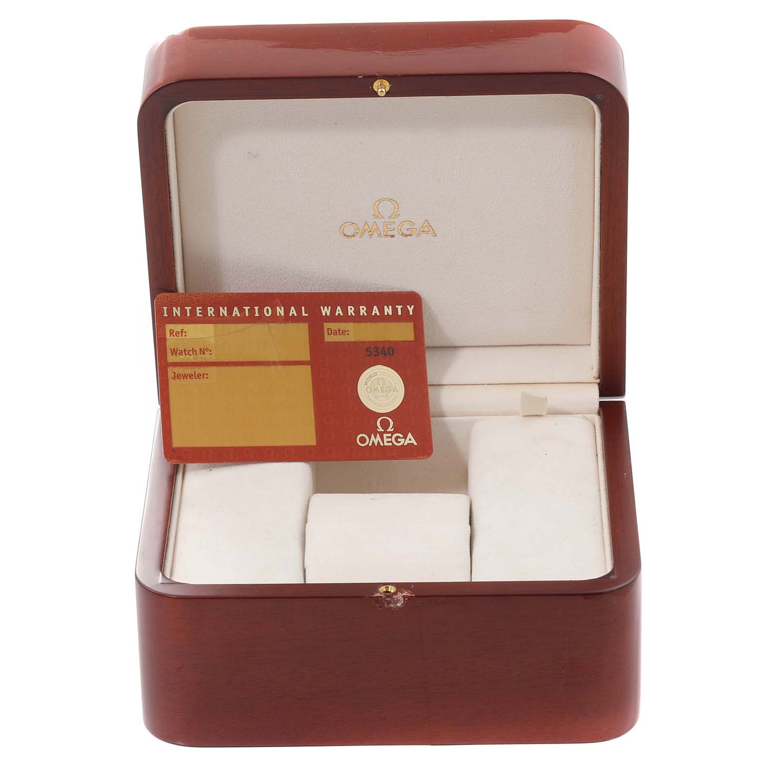 The image shows an open Omega Speedmaster 3502.78.00 Men's Stainless Steel Mother of Pearl Dial 3502.78.00 Men's Stainless Steel Mother of Pearl Dial watch box and an "International Warranty" card inserted inside the box.