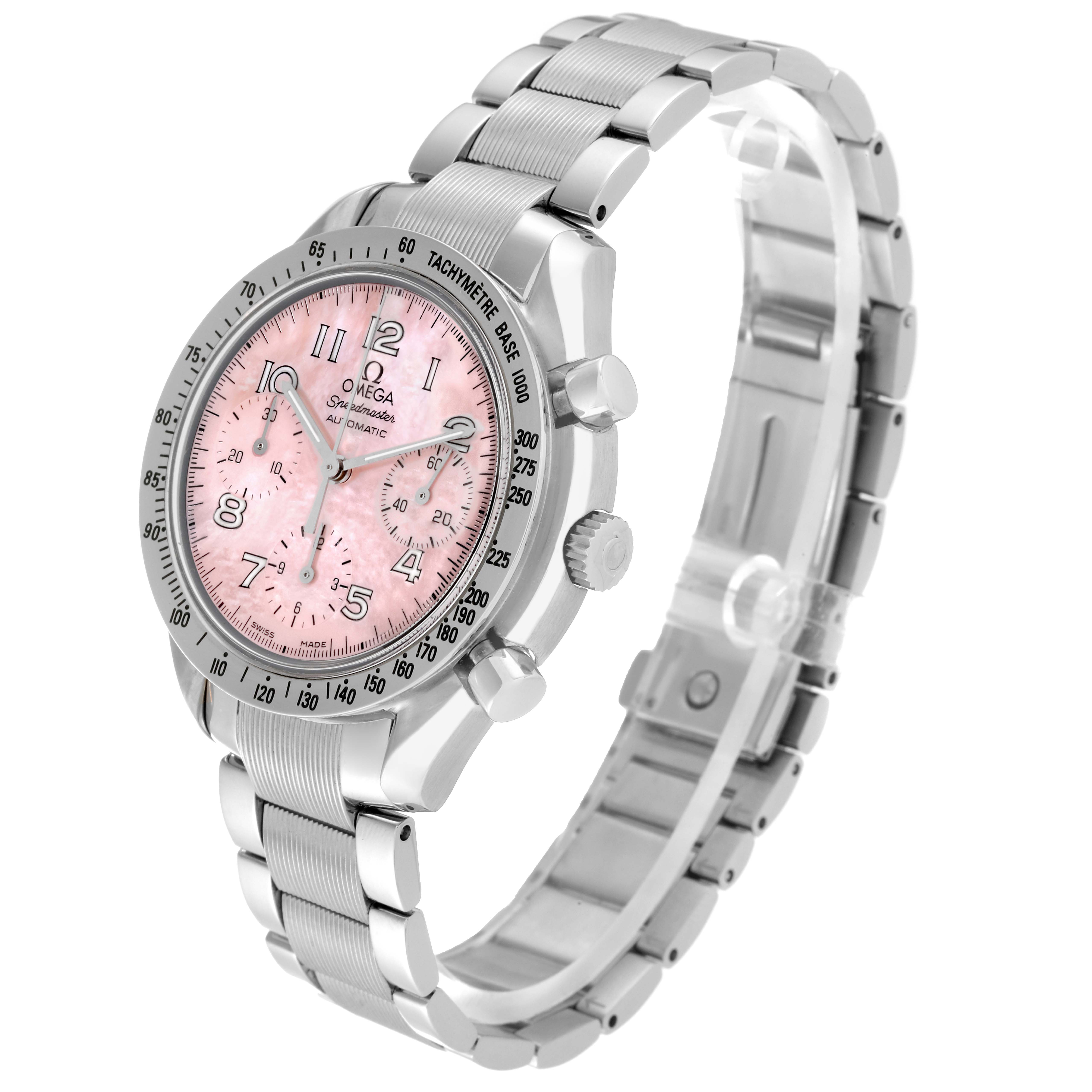 This Omega Speedmaster 3502.78.00 Men's Stainless Steel Mother of Pearl Dial 3502.78.00 Men's Stainless Steel Mother of Pearl Dial watch is shown at a slight angle, displaying its pink dial, three sub-dials, and stainless steel bracelet.