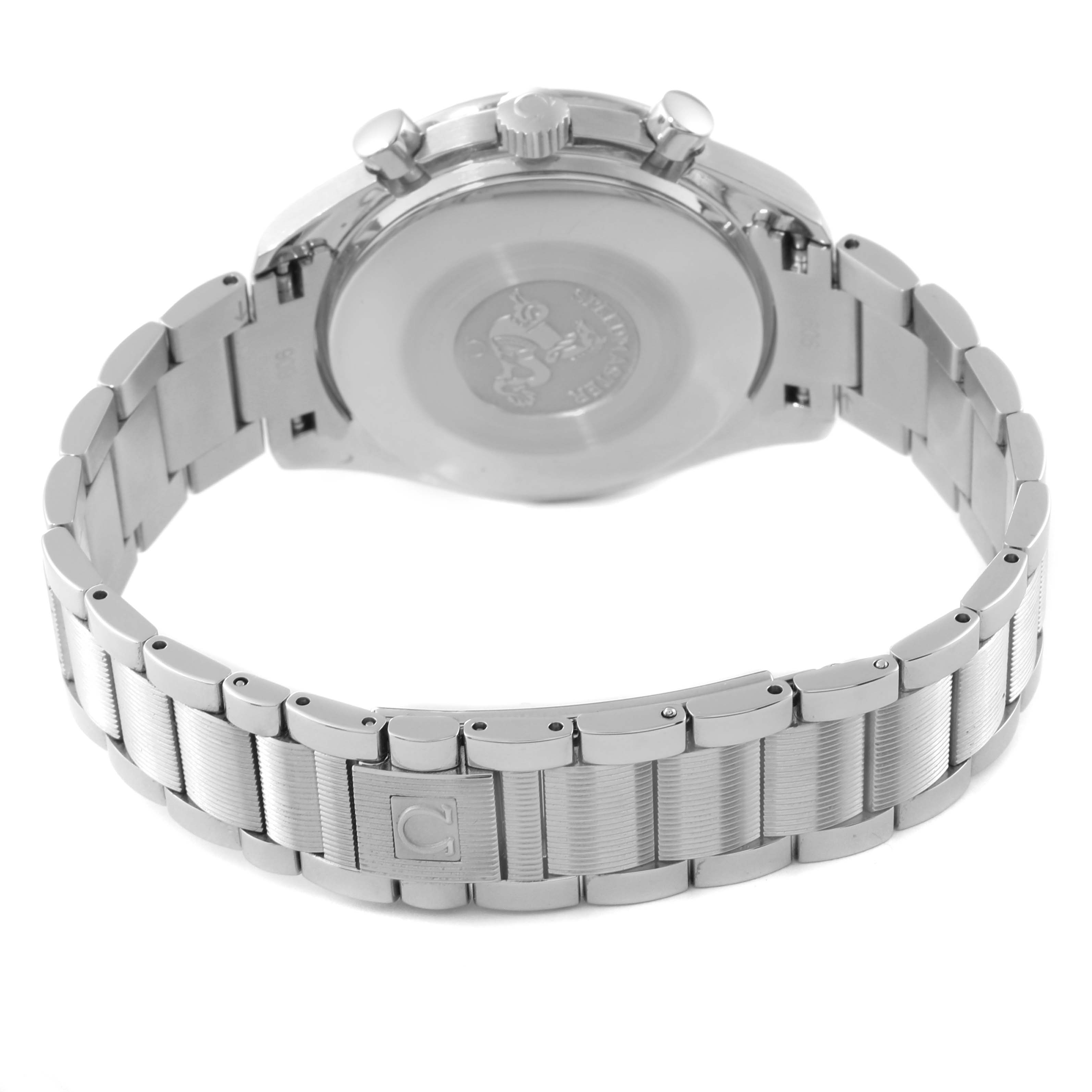 The image shows the back case and stainless steel bracelet of an Omega Speedmaster 3502.78.00 Men's Stainless Steel Mother of Pearl Dial 3502.78.00 Men's Stainless Steel Mother of Pearl Dial watch from a rear angle.