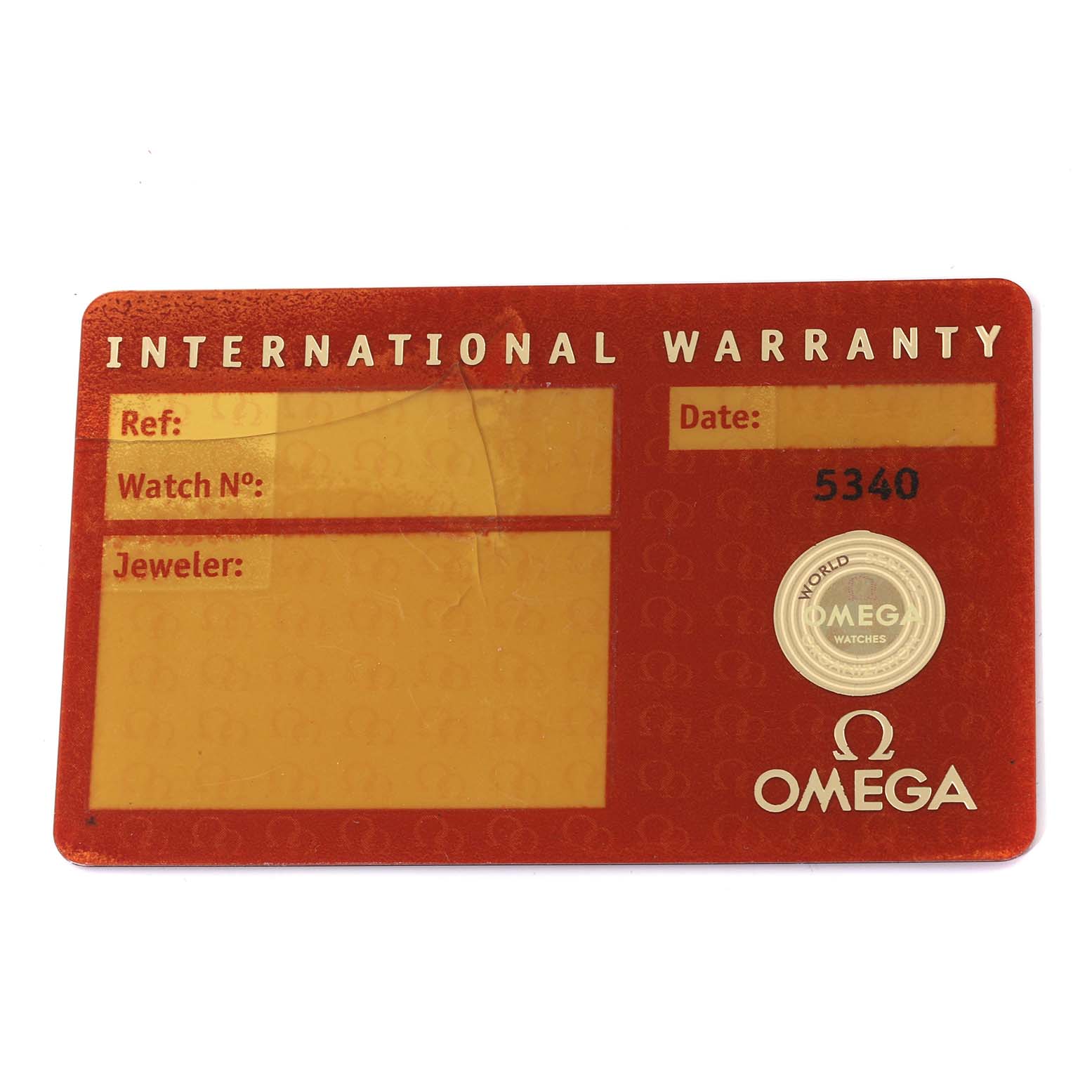 This image shows an Omega Speedmaster 3502.78.00 Men's Stainless Steel Mother of Pearl Dial 3502.78.00 Men's Stainless Steel Mother of Pearl Dial International Warranty card viewed from the front.