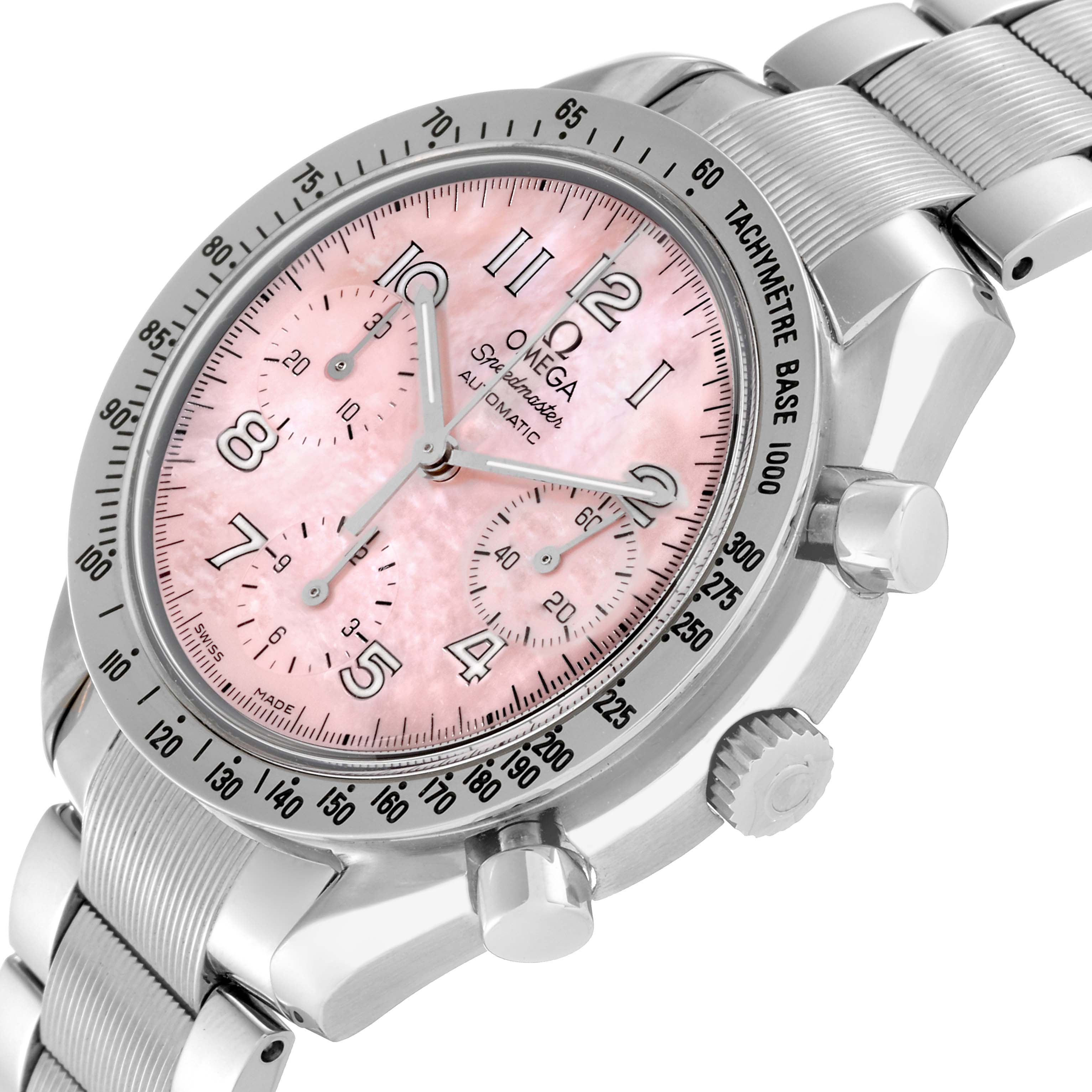 This Omega Speedmaster 3502.78.00 Men's Stainless Steel Mother of Pearl Dial 3502.78.00 Men's Stainless Steel Mother of Pearl Dial watch is shown at a slight angle, displaying its pink dial, tachymeter bezel, and stainless steel bracelet.
