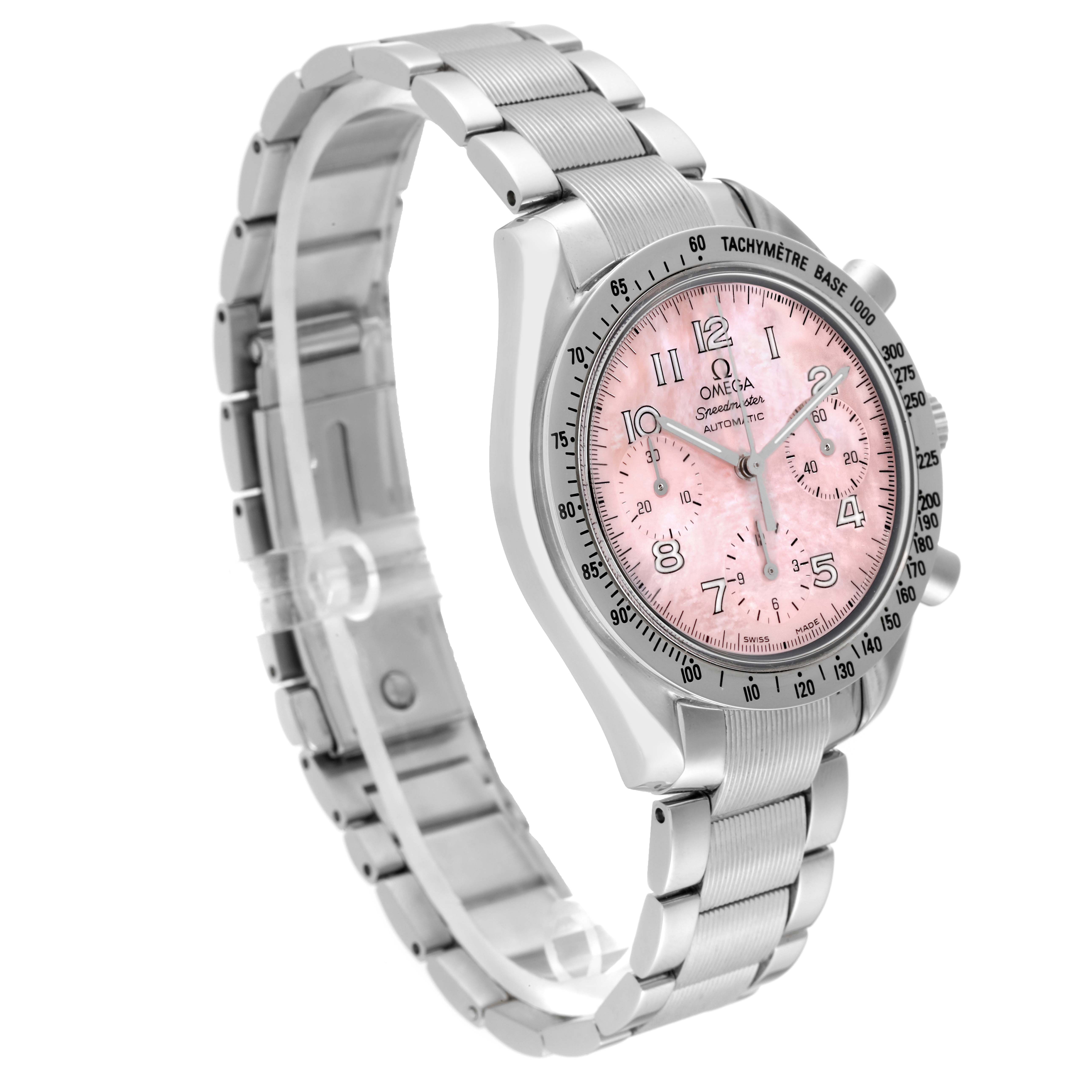 This image shows a side angle of the Omega Speedmaster 3502.78.00 Men's Stainless Steel Mother of Pearl Dial 3502.78.00 Men's Stainless Steel Mother of Pearl Dial watch, highlighting its pink dial, tachymeter, and stainless steel bracelet.