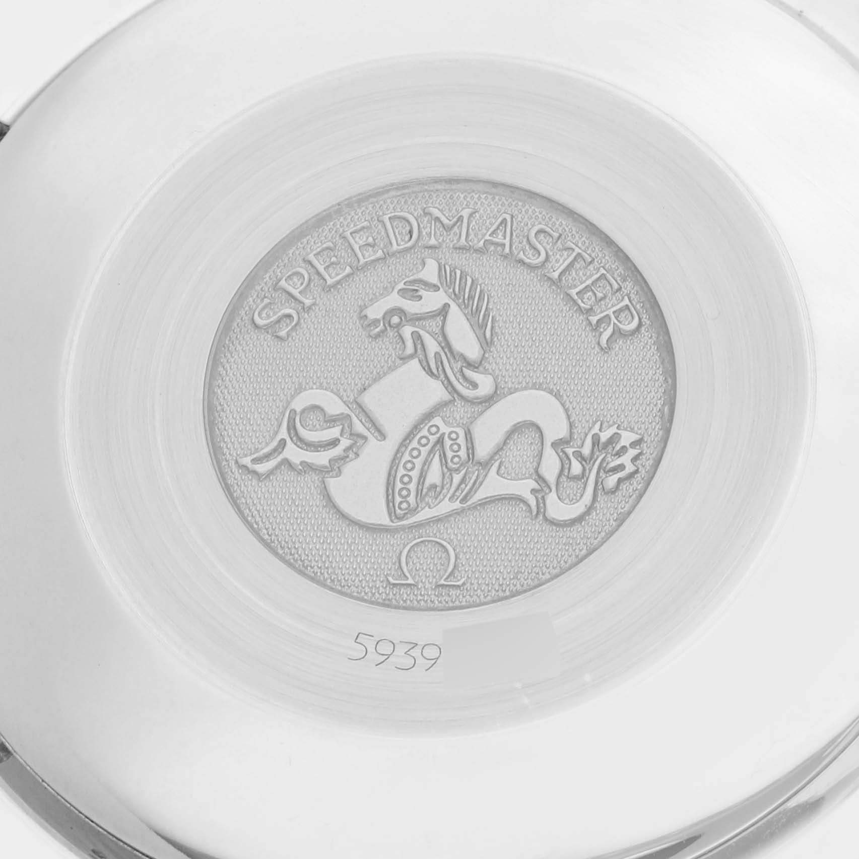 The image shows the case back of an Omega Speedmaster 3502.78.00 Men's Stainless Steel Mother of Pearl Dial 3502.78.00 Men's Stainless Steel Mother of Pearl Dial watch featuring an engraved emblem and text.