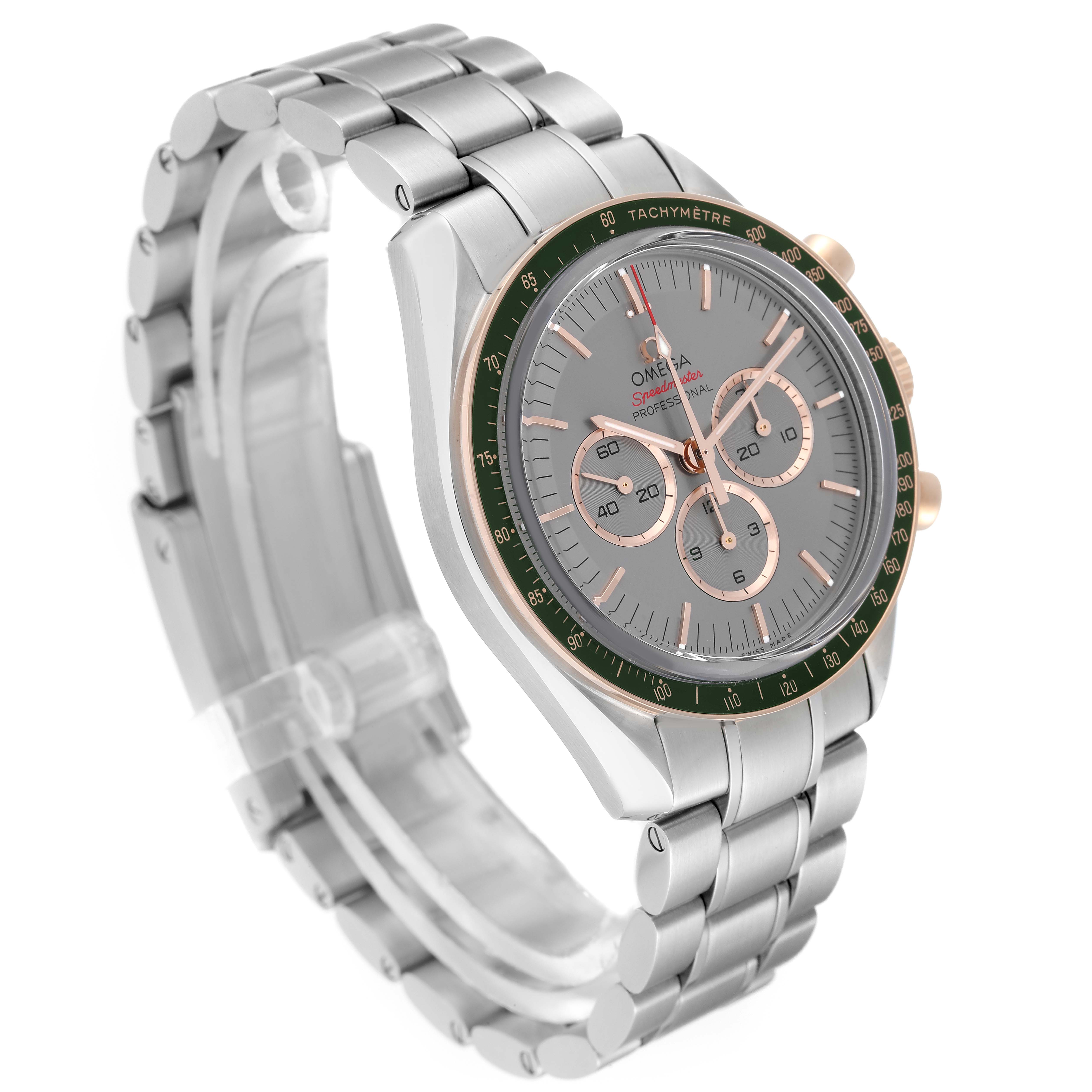 The Omega Speedmaster 522.20.42.30.06.001 Men's Stainless Steel Grey Dial 522.20.42.30.06.001 Men's Stainless Steel Grey Dial watch is shown at an angle highlighting its face, bezel, and metal bracelet.