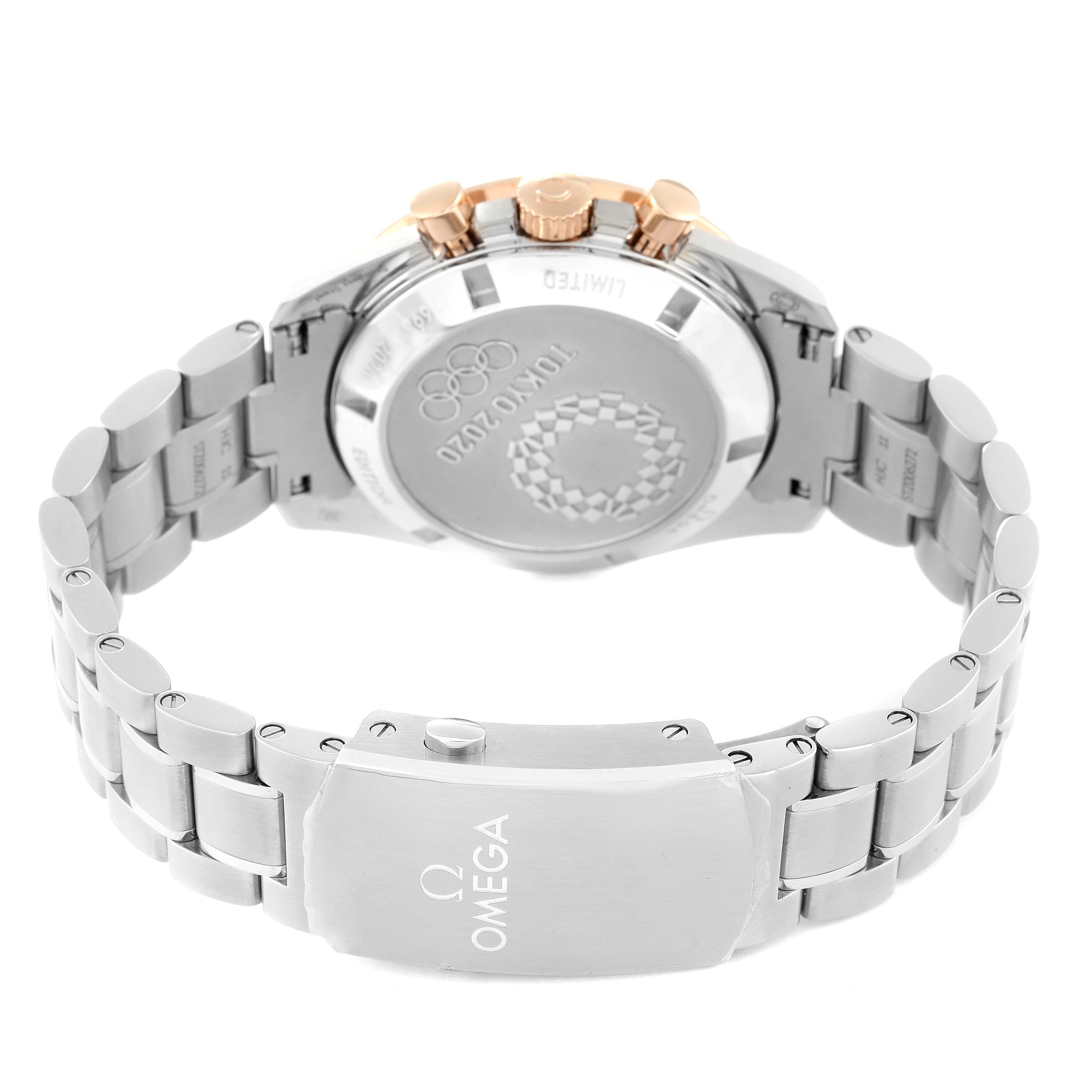 This image shows the back view, bracelet, and clasp of the Omega Speedmaster 522.20.42.30.06.001 Men's Stainless Steel Grey Dial 522.20.42.30.06.001 Men's Stainless Steel Grey Dial watch.