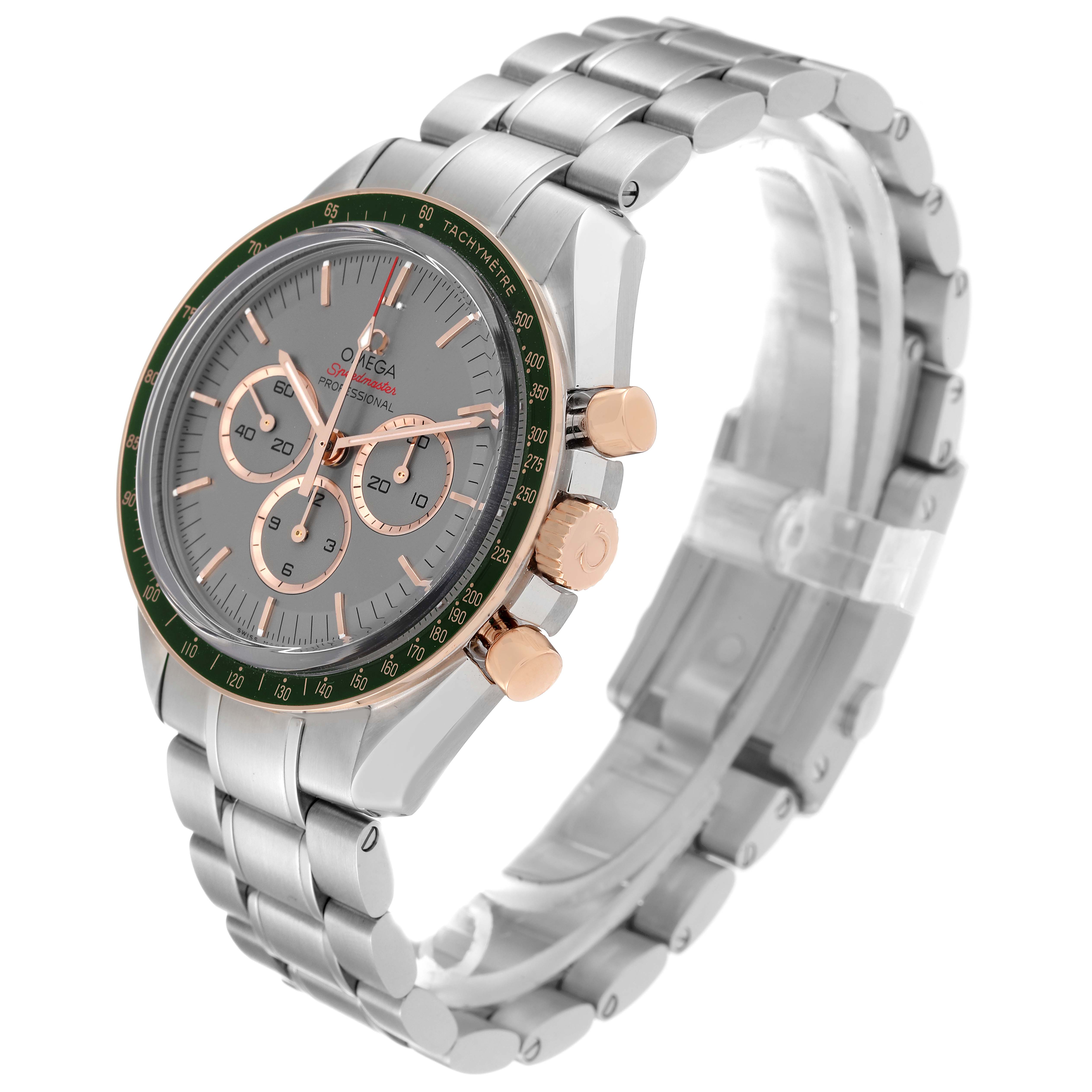 The image shows an angled view of the Omega Speedmaster 522.20.42.30.06.001 Men's Stainless Steel Grey Dial 522.20.42.30.06.001 Men's Stainless Steel Grey Dial watch, highlighting its face, bezel, crown, pushers, and bracelet.