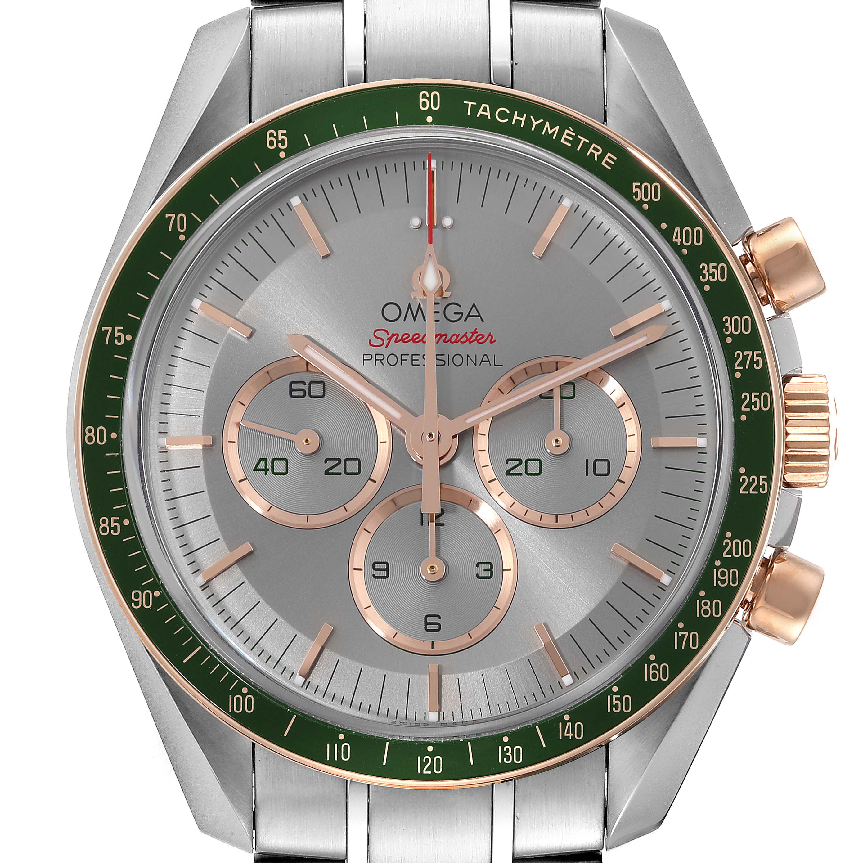 This image shows a front view of an Omega Speedmaster 522.20.42.30.06.001 Men's Stainless Steel Grey Dial 522.20.42.30.06.001 Men's Stainless Steel Grey Dial watch with a green bezel and rose gold accents on the dial and pushers.