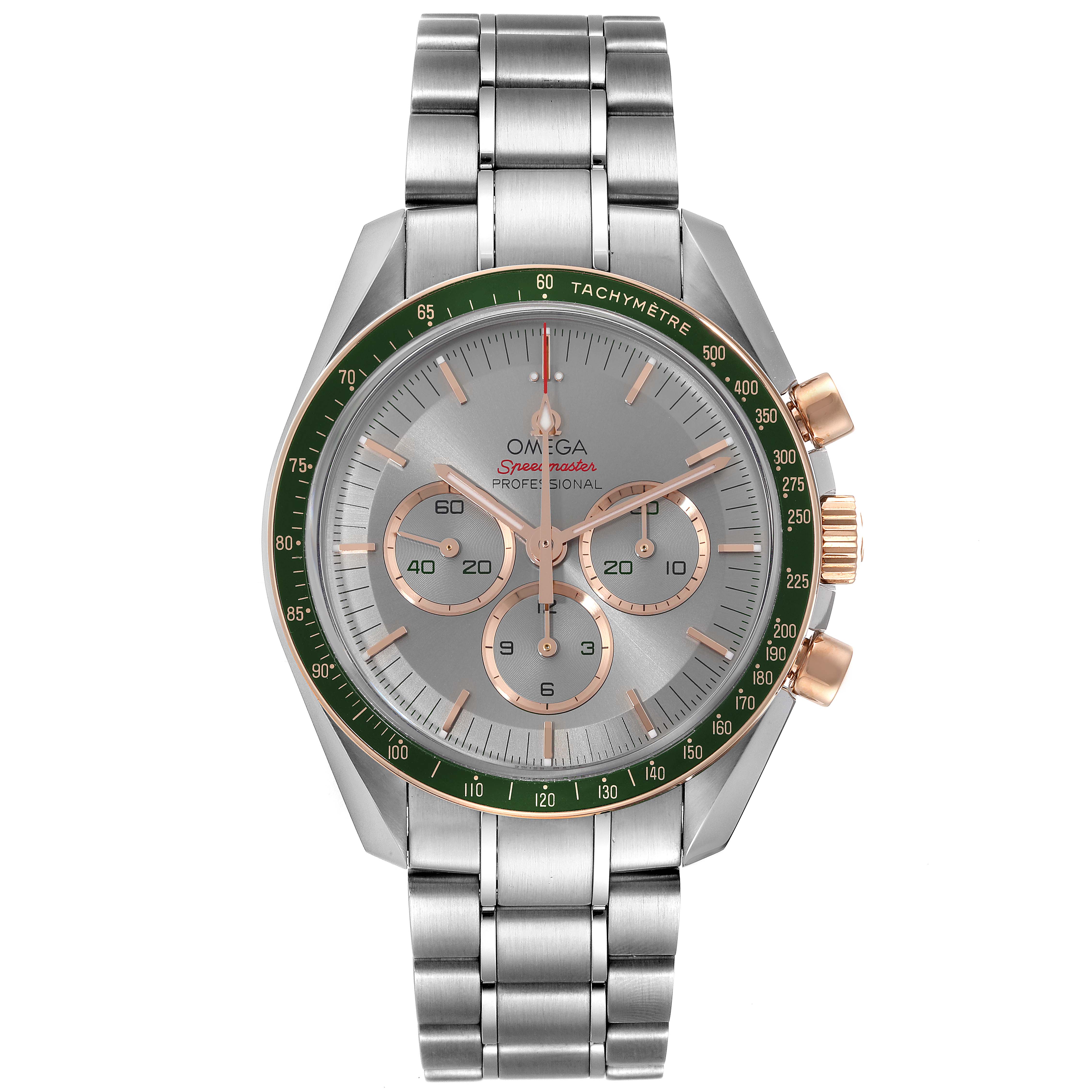 This Omega Speedmaster 522.20.42.30.06.001 Men's Stainless Steel Grey Dial 522.20.42.30.06.001 Men's Stainless Steel Grey Dial watch is shown from a top-down angle, displaying the face, bezel, subdials, and bracelet.