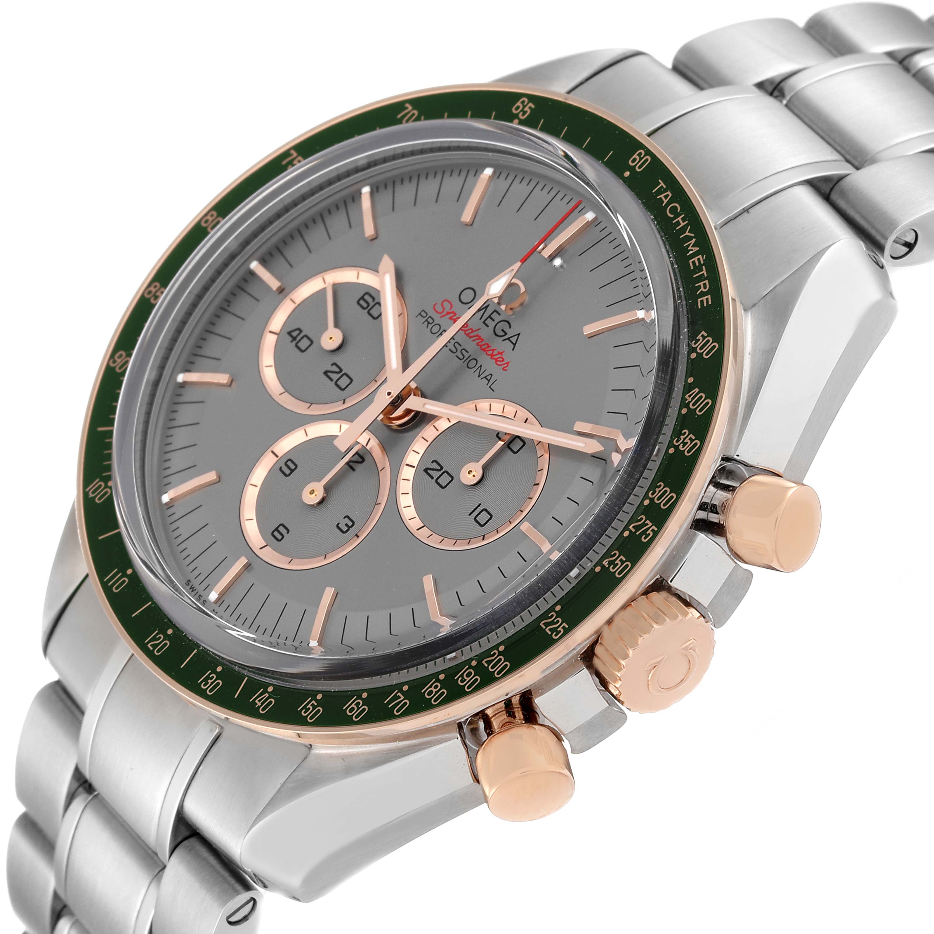 The Omega Speedmaster 522.20.42.30.06.001 Men's Stainless Steel Grey Dial 522.20.42.30.06.001 Men's Stainless Steel Grey Dial watch is shown at a slight angle, highlighting the face, dial, bezel, and bracelet.