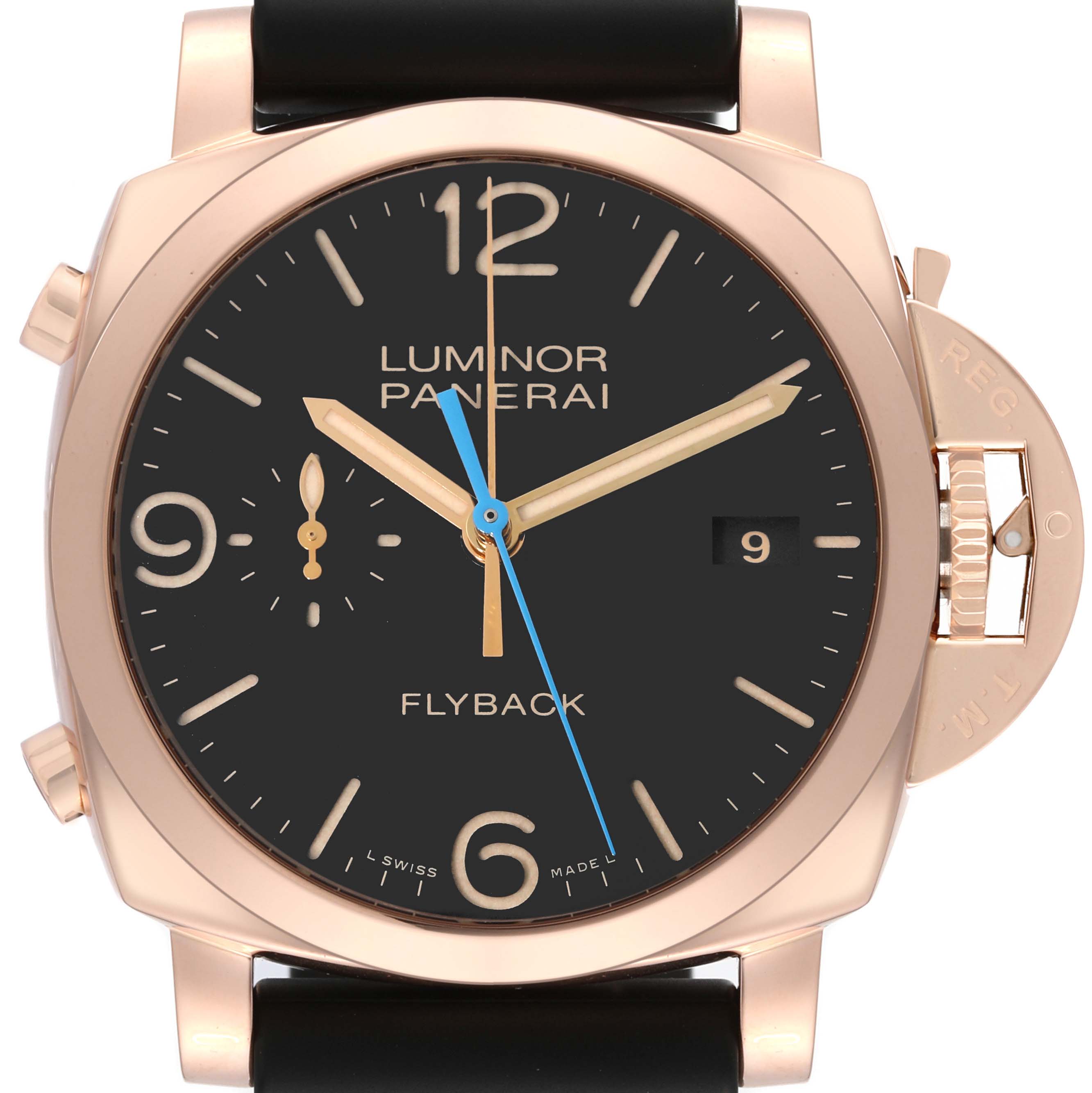 This Panerai Luminor PAM00525 Men's Rose Gold Black Dial PAM00525 Men's Rose Gold Black Dial model watch is shown from a front angle, highlighting its dial, case, and crown guard.