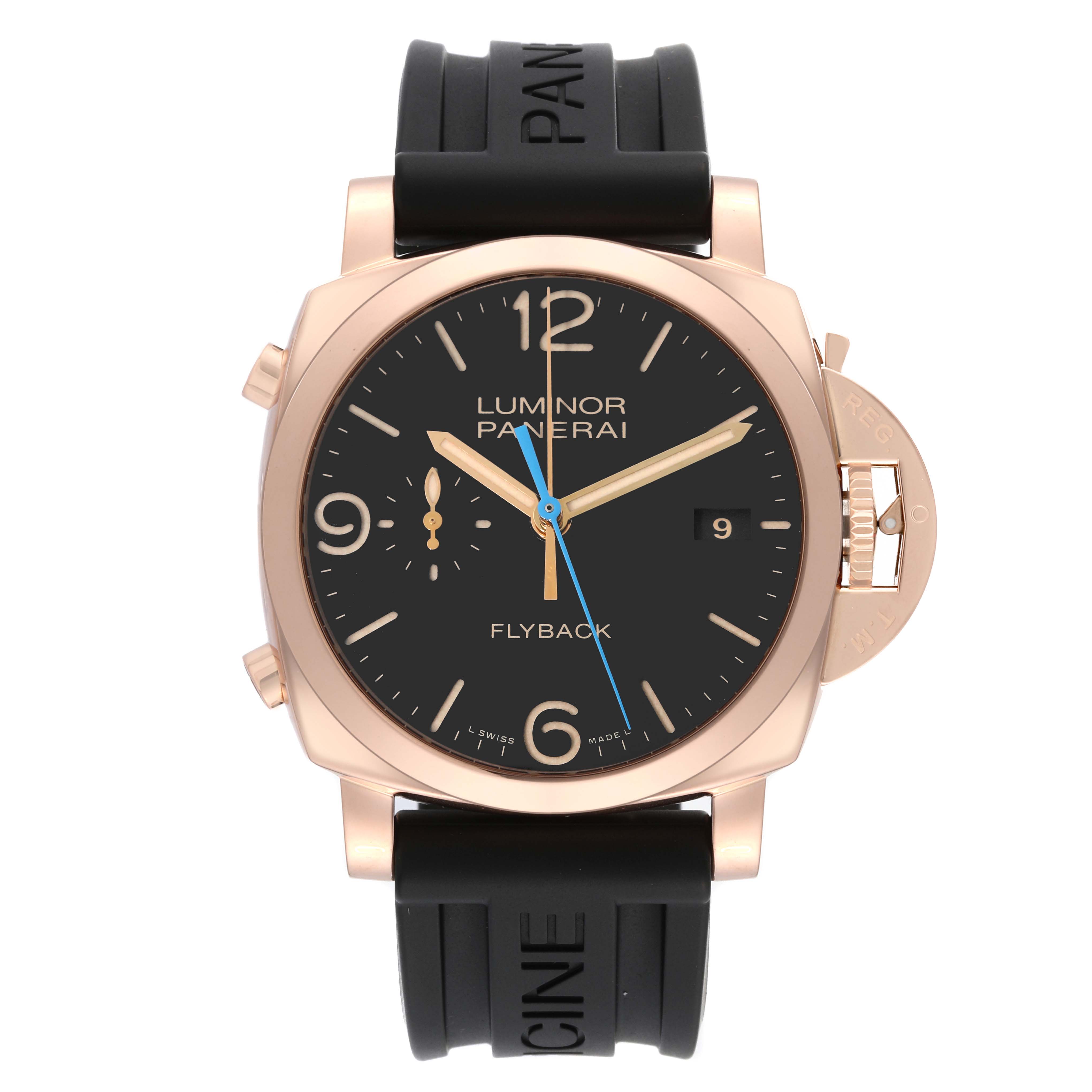 This image shows a front view of a Panerai Luminor PAM00525 Men's Rose Gold Black Dial PAM00525 Men's Rose Gold Black Dial Flyback watch with a black dial and black strap.