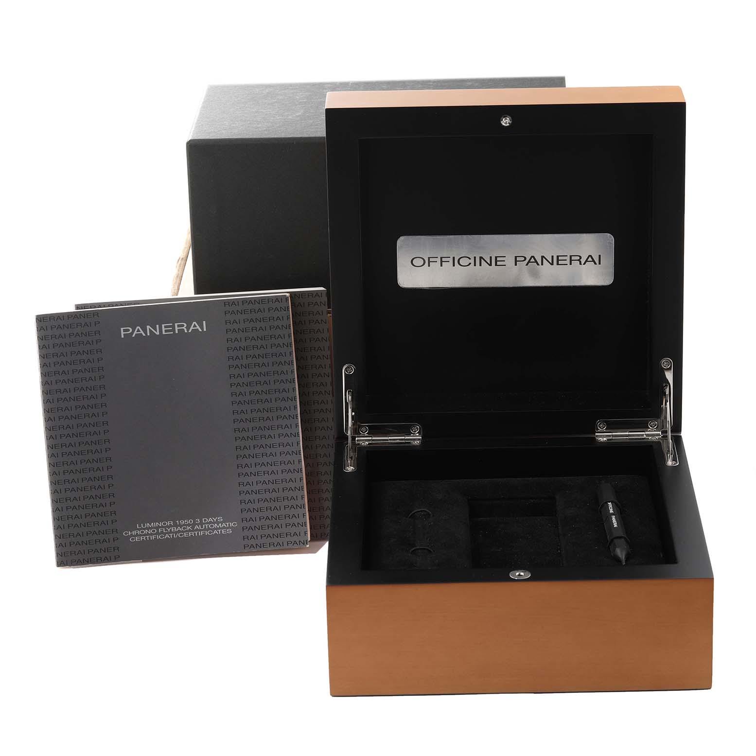 The image shows an open Panerai Luminor PAM00525 Men's Rose Gold Black Dial PAM00525 Men's Rose Gold Black Dial watch box, a manual, and a watch tool.