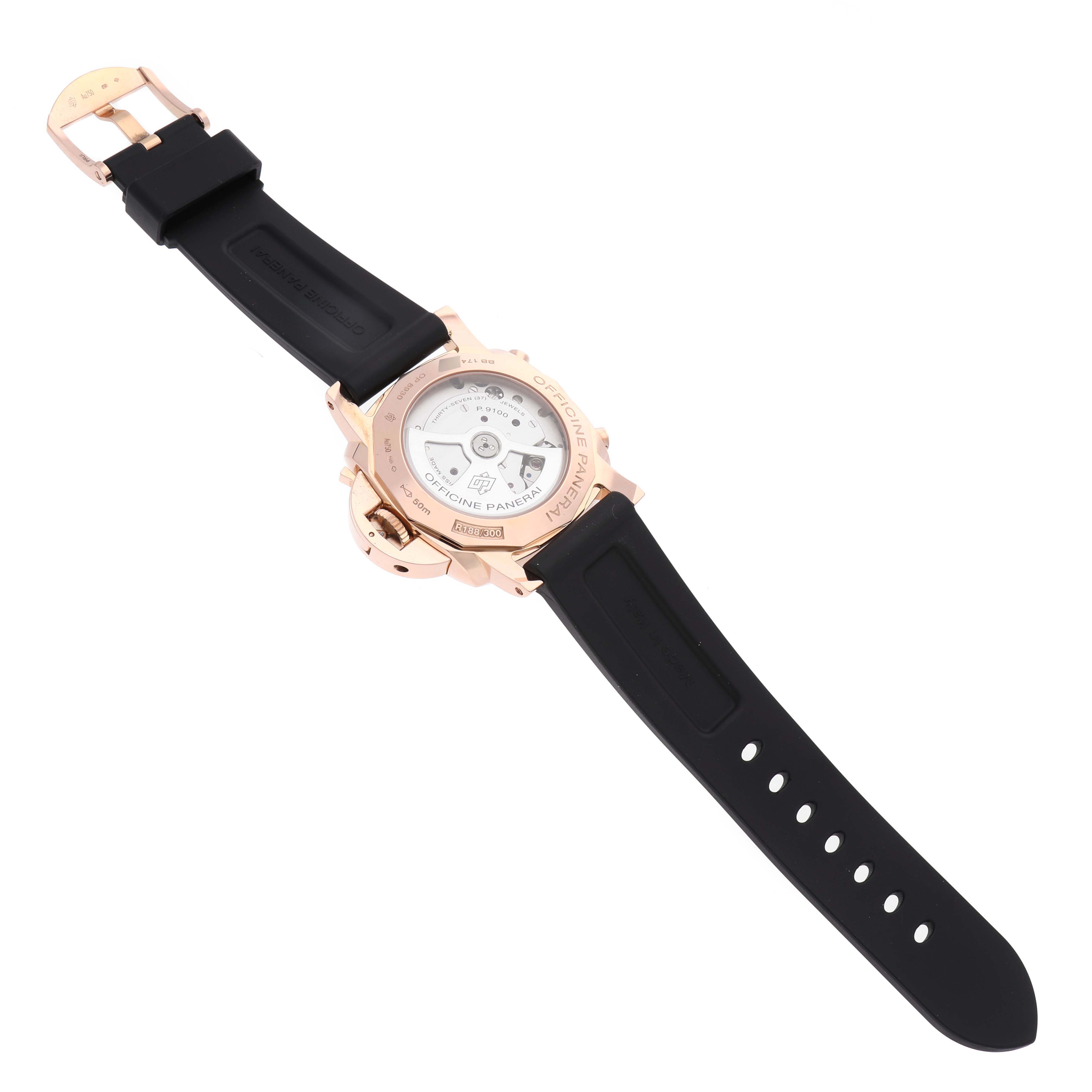 The image shows the back view of a Panerai Luminor PAM00525 Men's Rose Gold Black Dial PAM00525 Men's Rose Gold Black Dial watch, highlighting its transparent case back and black rubber strap.