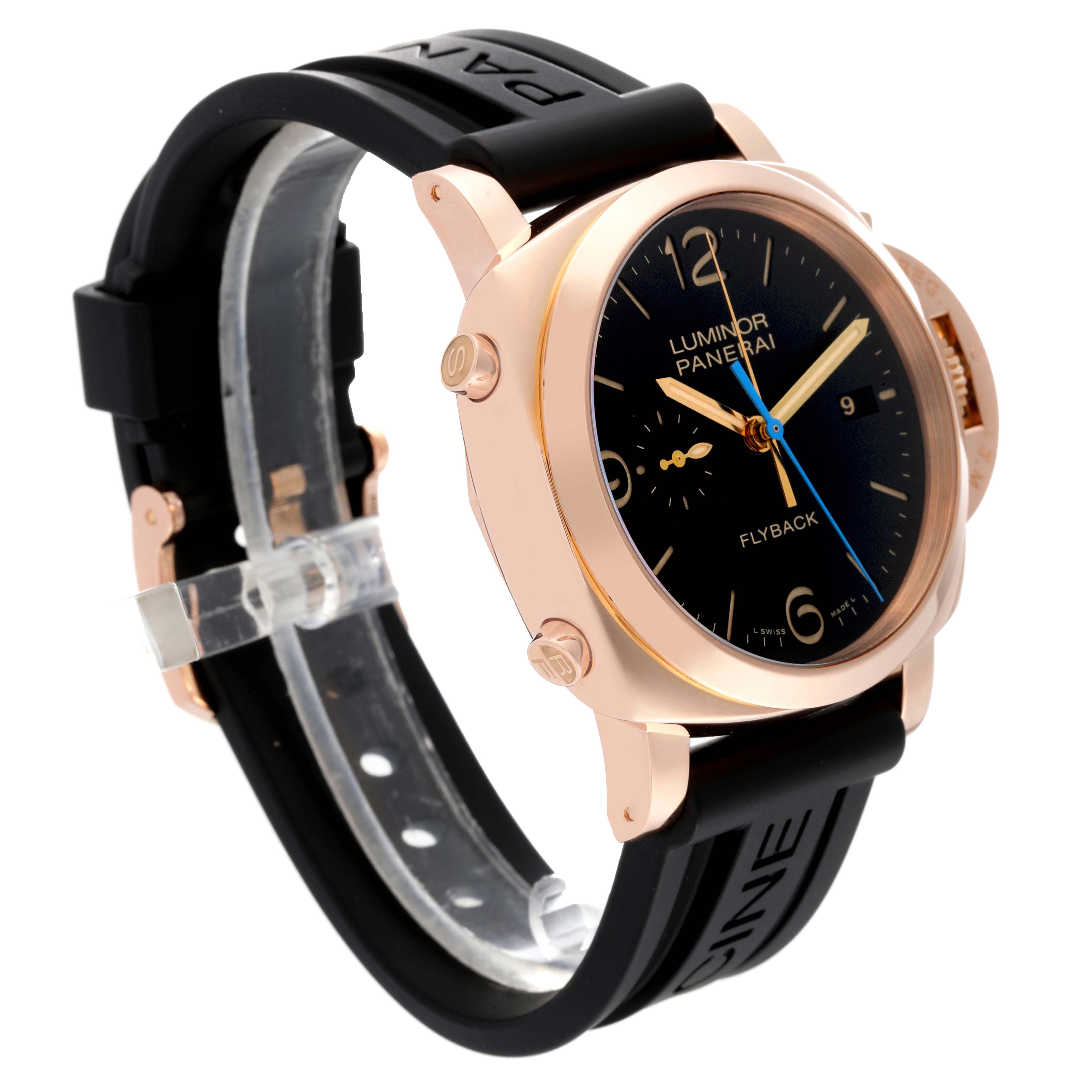 The image shows a side-angle view of the Panerai Luminor PAM00525 Men's Rose Gold Black Dial PAM00525 Men's Rose Gold Black Dial watch, highlighting its case, dial, and strap.