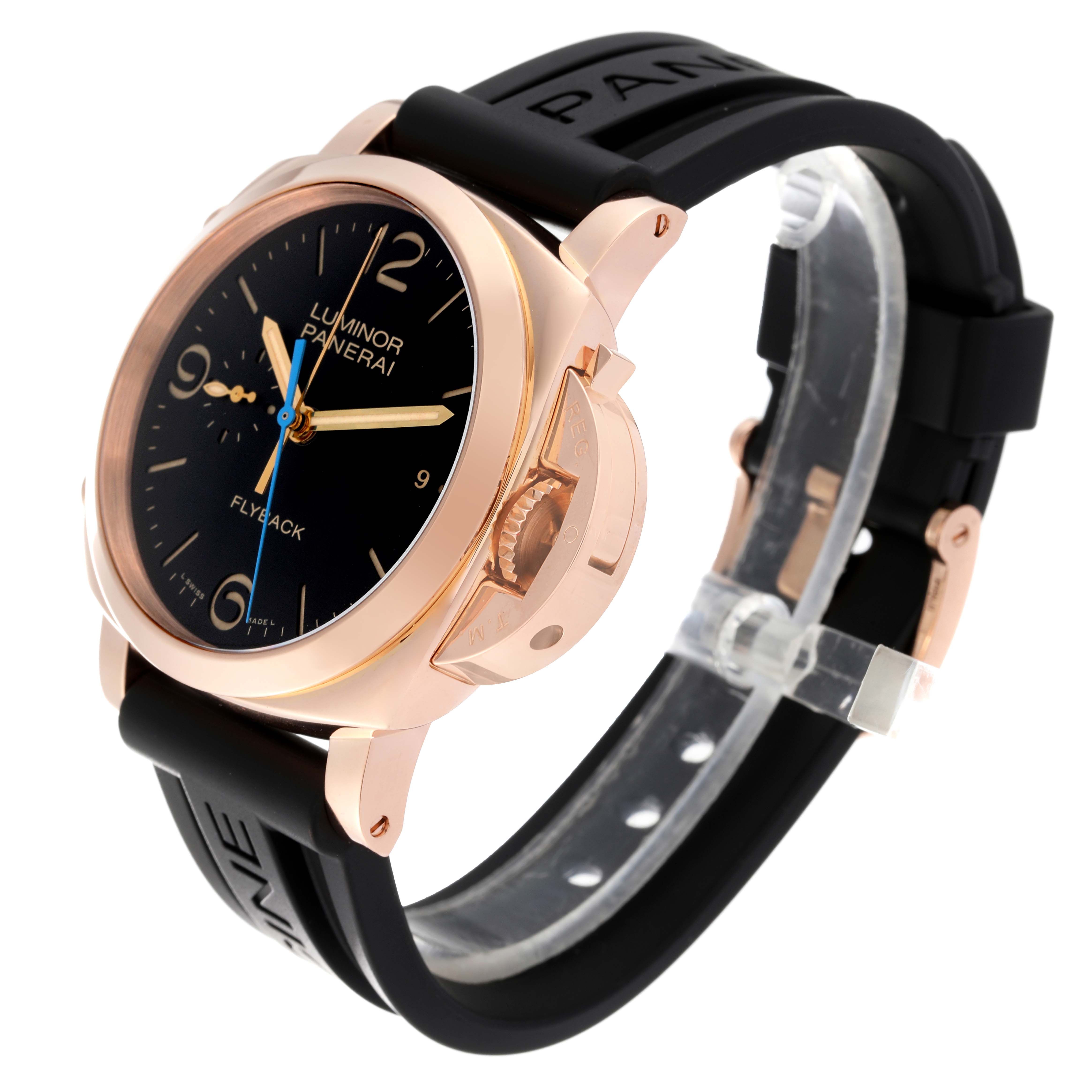 The image shows a Panerai Luminor PAM00525 Men's Rose Gold Black Dial PAM00525 Men's Rose Gold Black Dial watch from a three-quarter angle, highlighting the watch face, crown guard, and black strap.