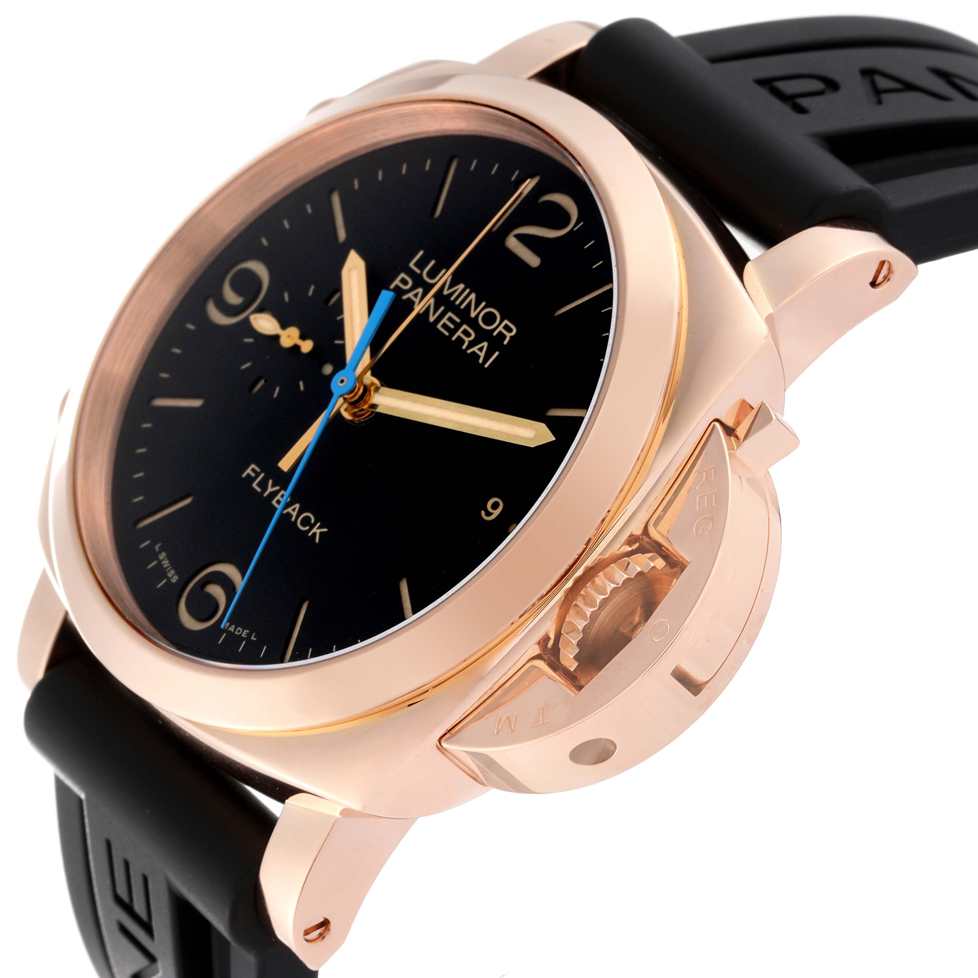 This image shows a close-up angle of the Panerai Luminor PAM00525 Men's Rose Gold Black Dial PAM00525 Men's Rose Gold Black Dial model watch, highlighting the dial, crown guard, and part of the strap.