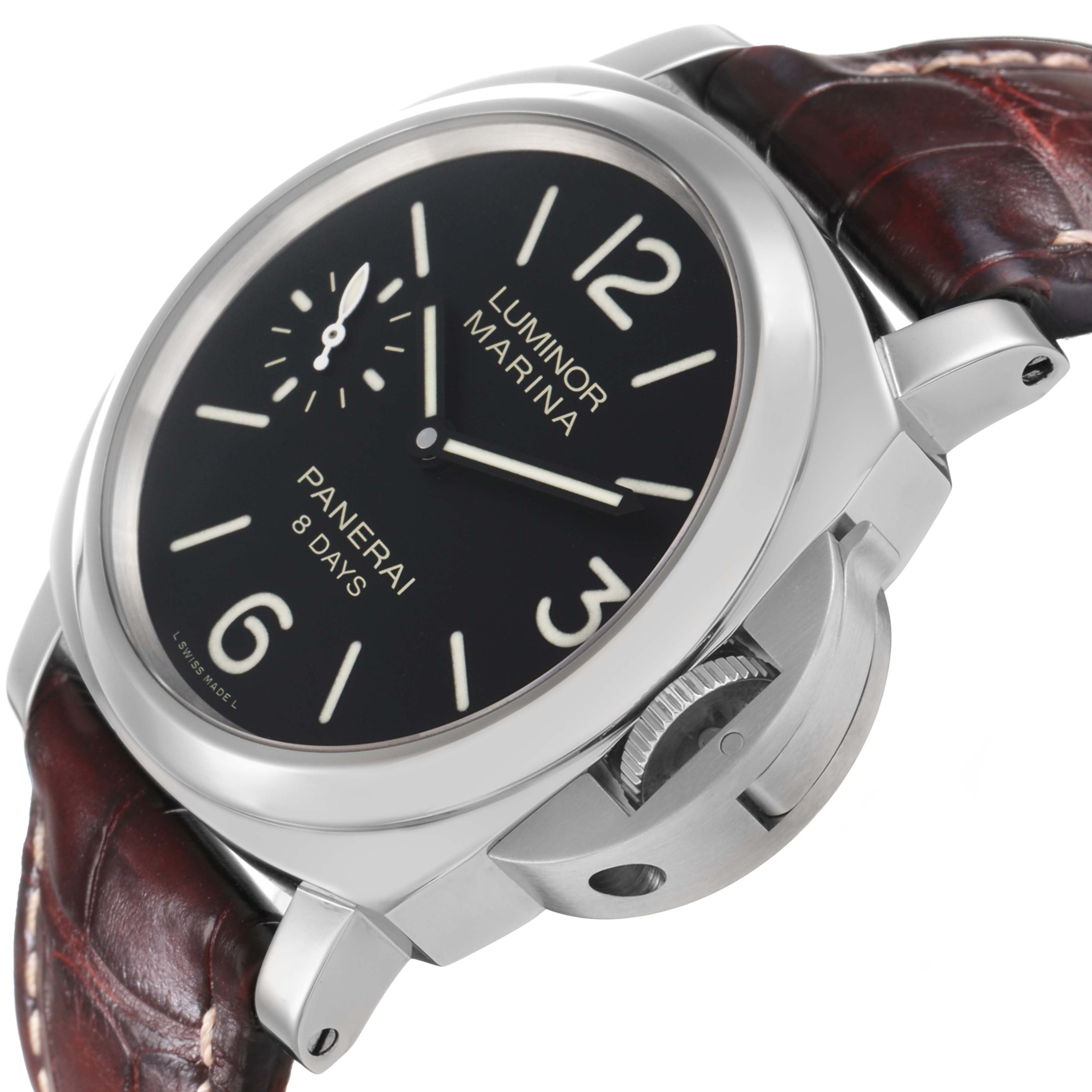 The Panerai Luminor OP6937 Men
s Stainless Steel Black Dial watch is shown at an angle displaying the dial, crown guard, and a portion of the strap.