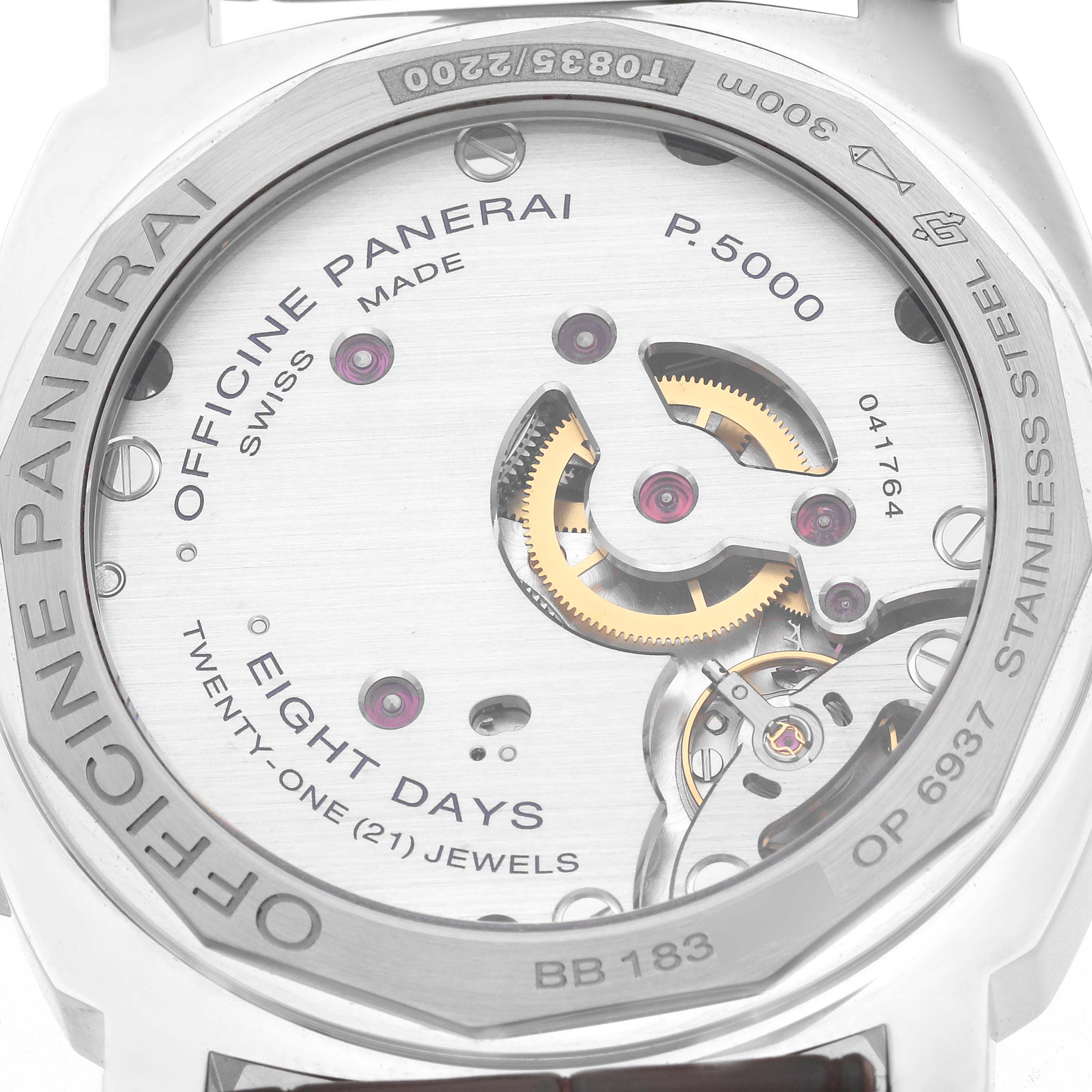 The image shows the back of the Panerai Luminor OP6937 Men
s Stainless Steel Black Dial watch, highlighting its movement and mechanical details.