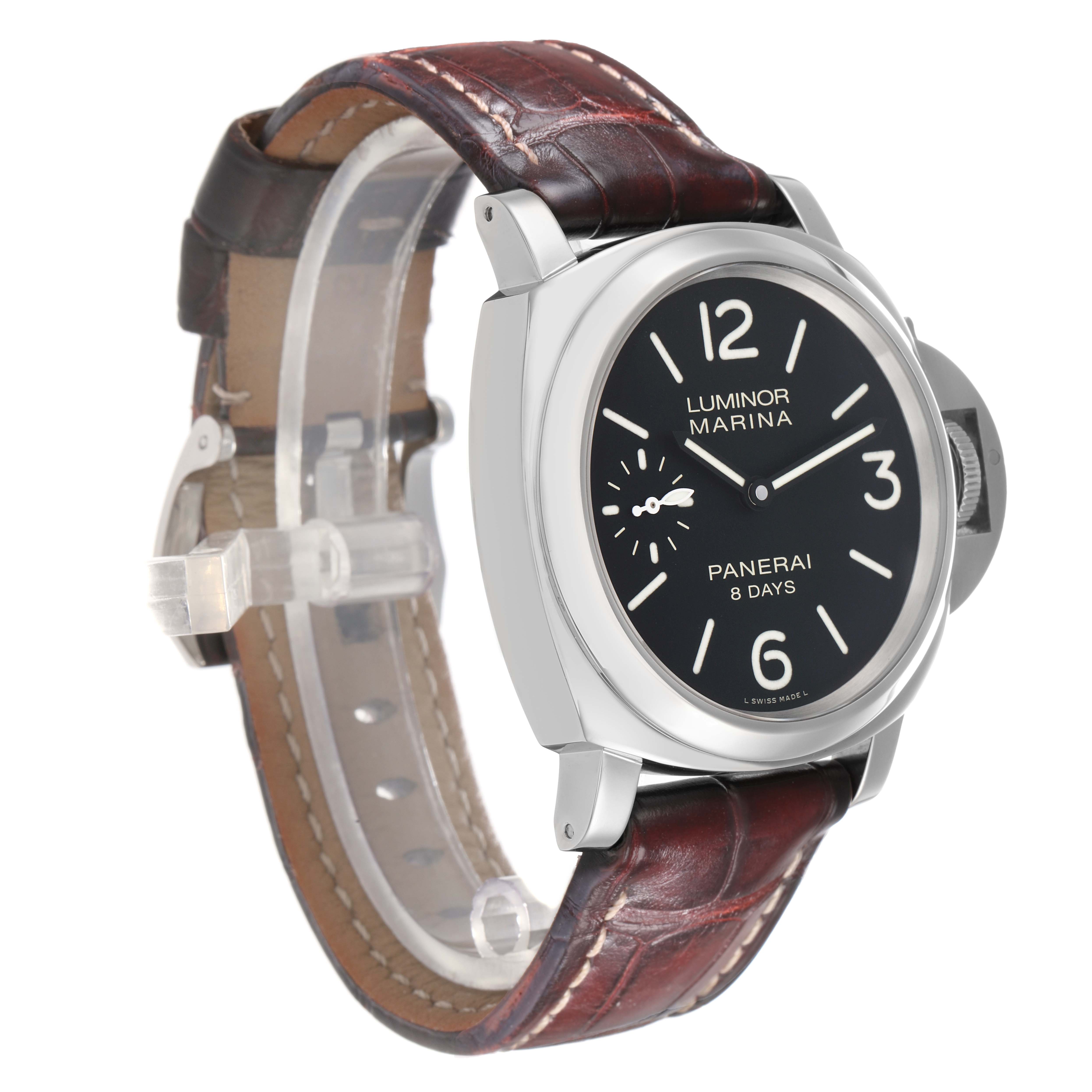 The Panerai Luminor OP6937 Men
s Stainless Steel Black Dial watch is shown at a slight angle from the side, highlighting the dial, case, crown guard, and leather strap.