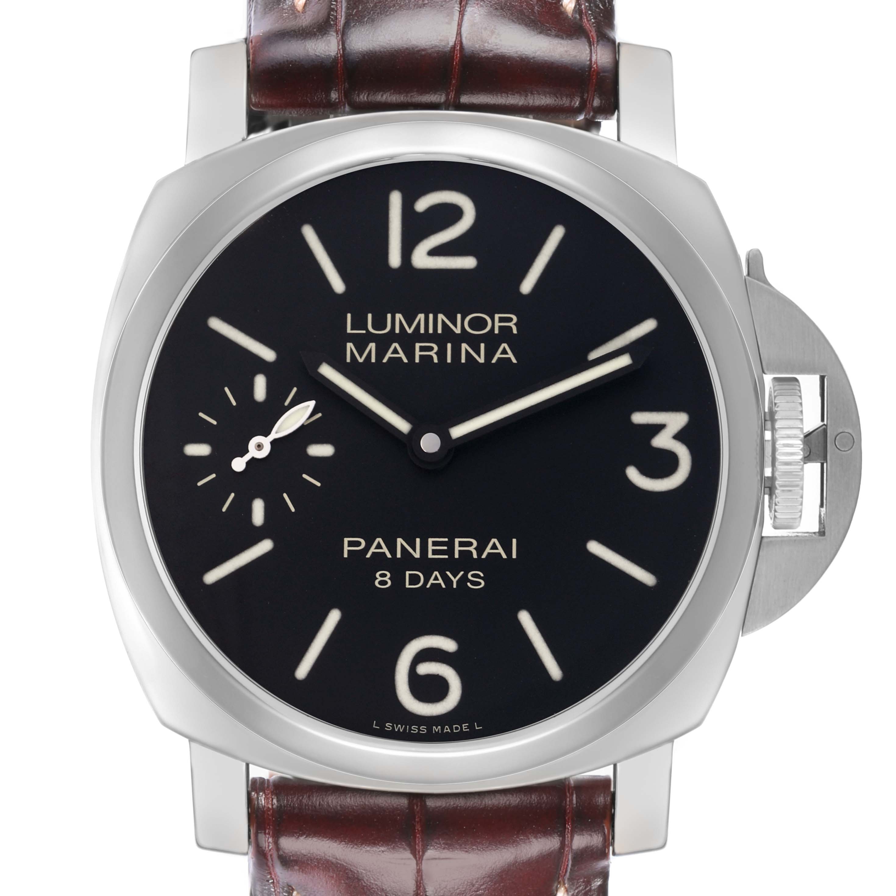 The Panerai Luminor OP6937 Men
s Stainless Steel Black Dial watch is shown from the front, highlighting the dial, crown guard, and leather strap.