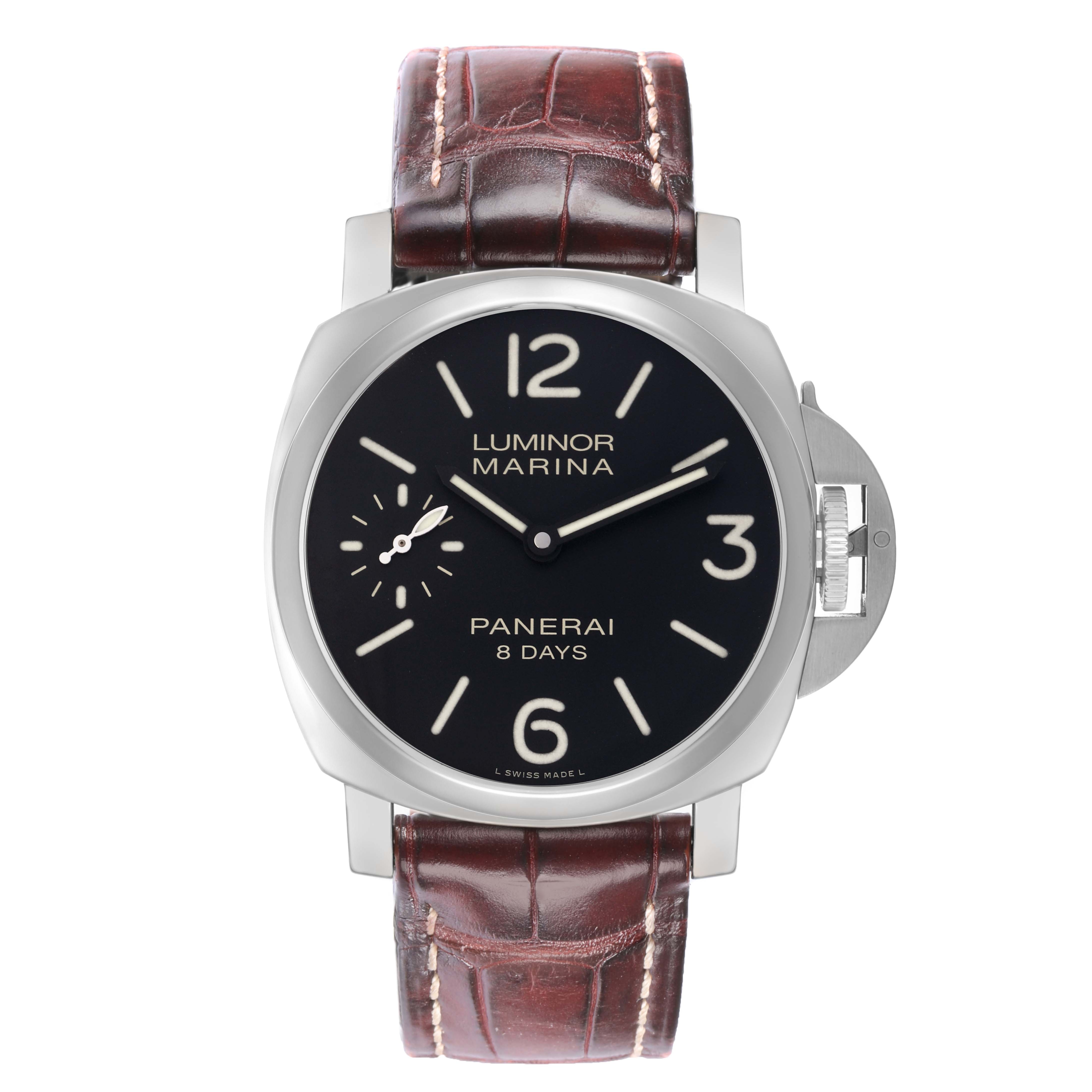 The Panerai Luminor OP6937 Men
s Stainless Steel Black Dial watch is shown from a front angle, displaying its face, crown guard, and brown leather strap.