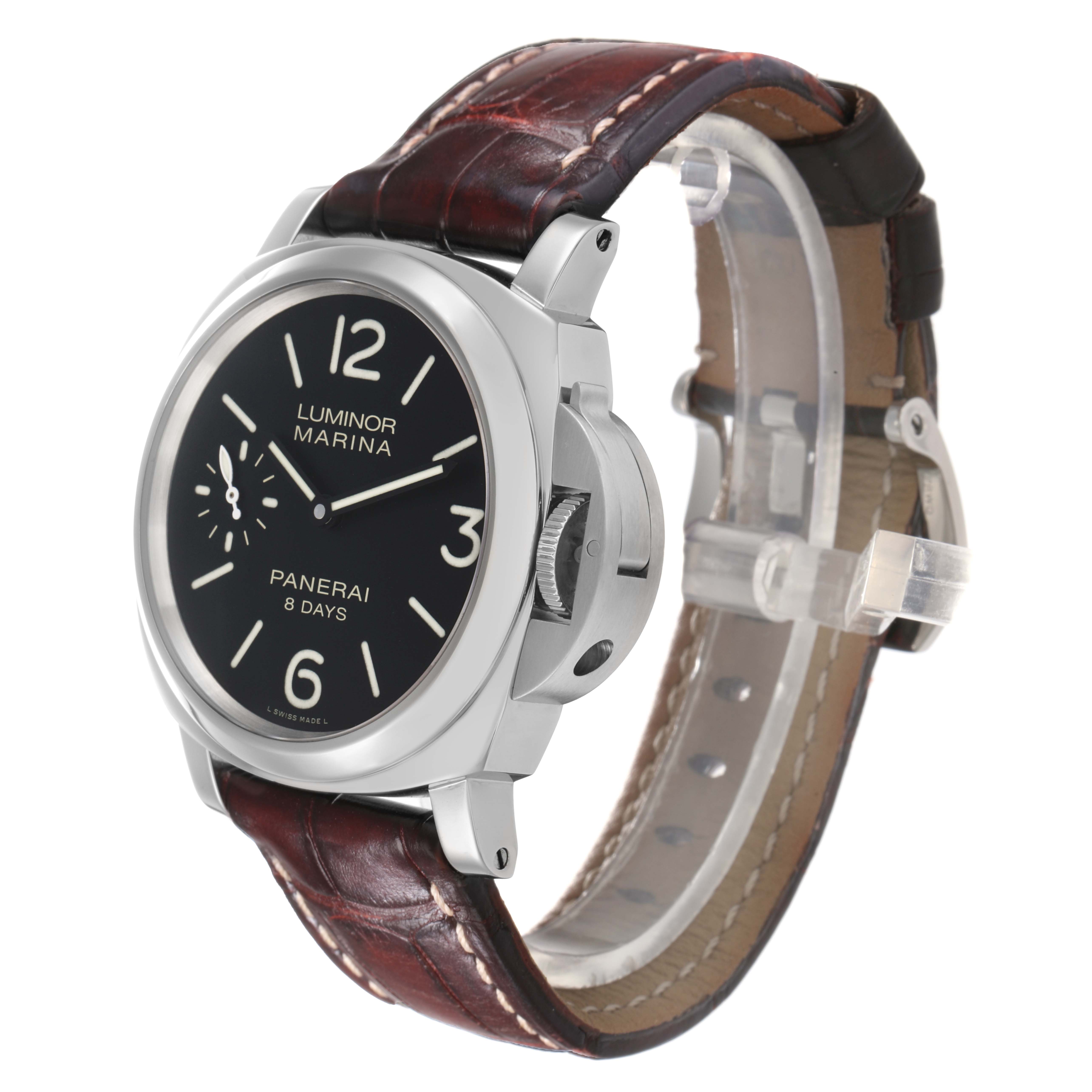 The Panerai Luminor OP6937 Men
s Stainless Steel Black Dial watch is shown at a three-quarter angle highlighting the dial, crown guard, and leather strap.