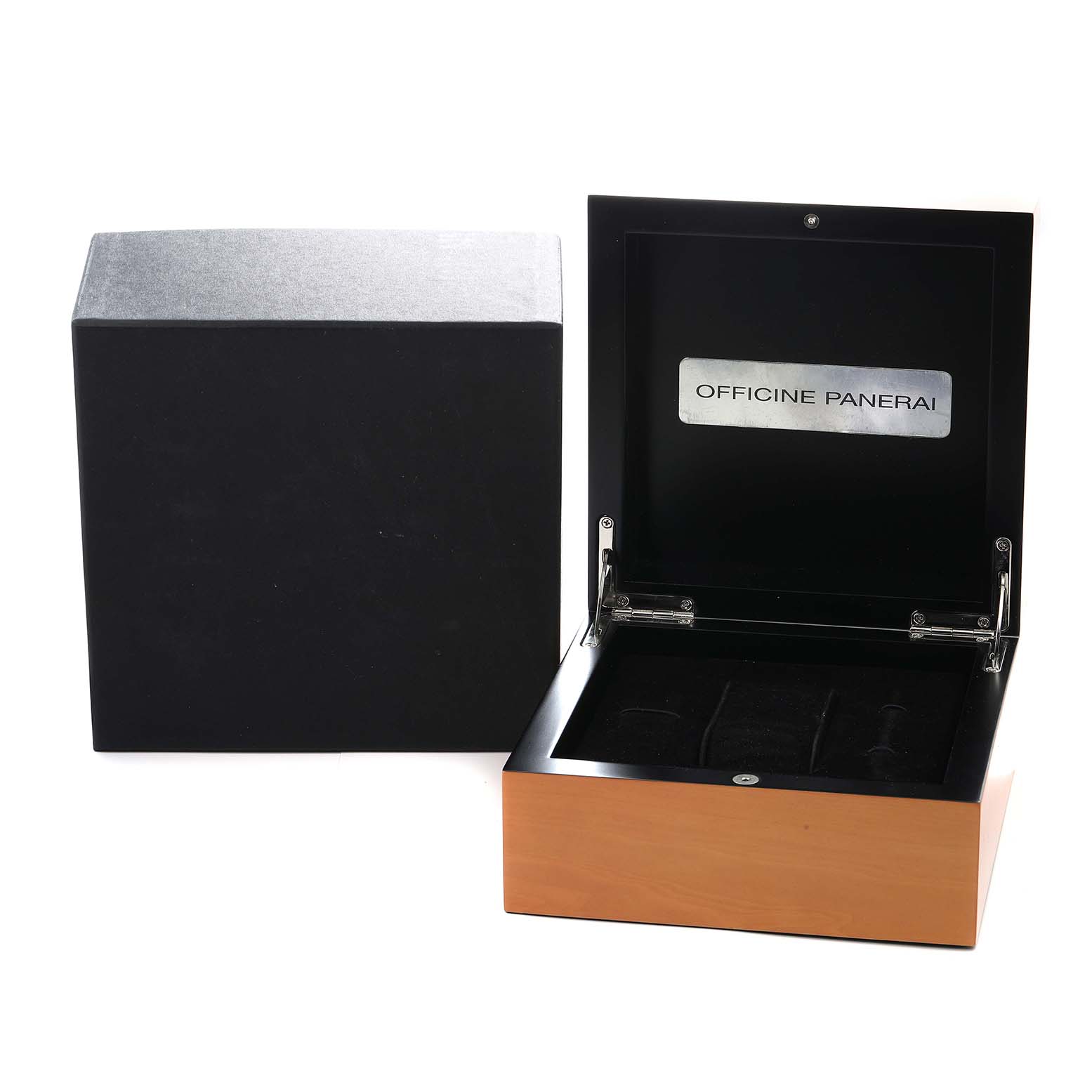 The image shows an open Panerai Luminor OP6937 Men
s Stainless Steel Black Dial watch box from a front angle, revealing the interior and branding.