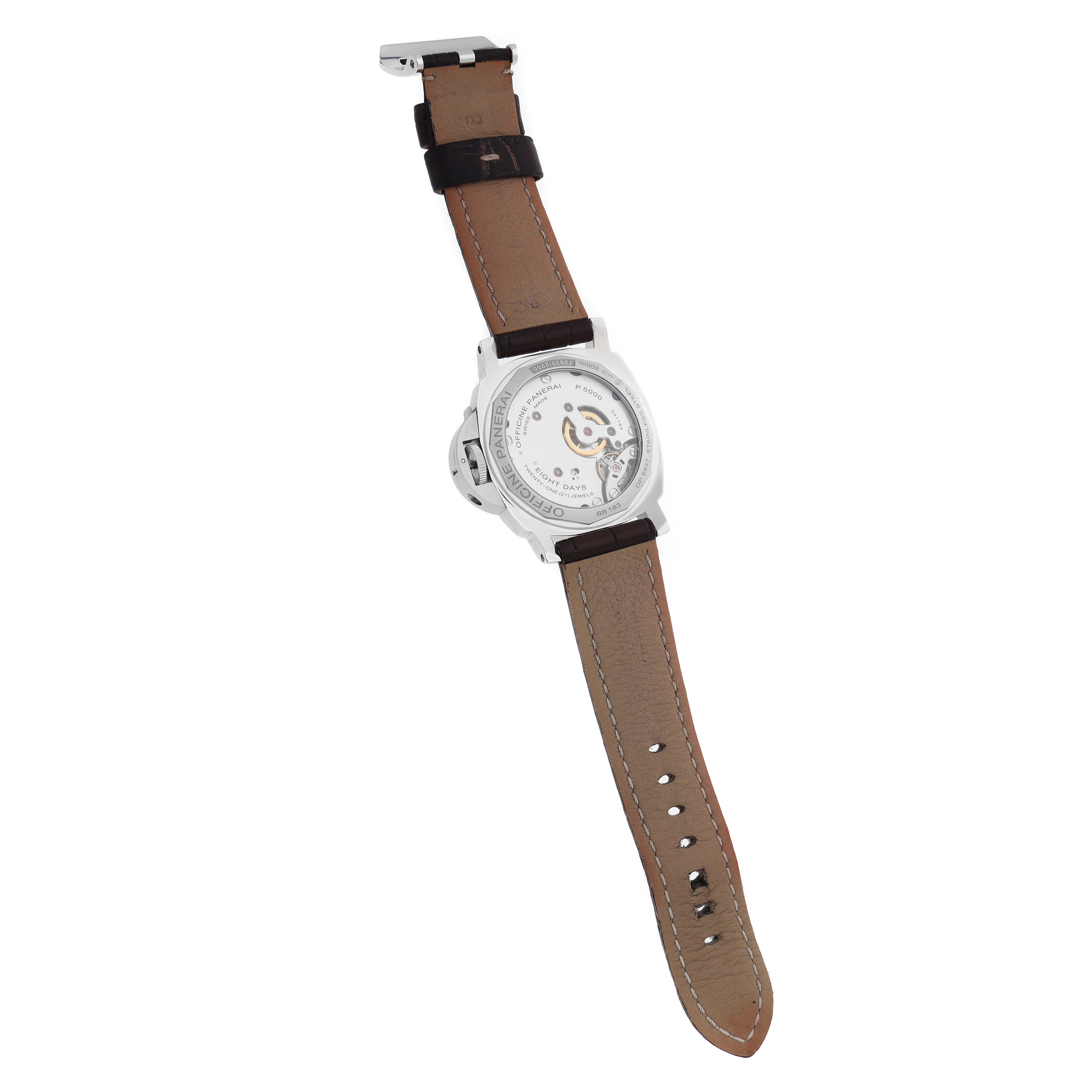 The image shows the back of a Panerai Luminor OP6937 Men
s Stainless Steel Black Dial model watch, highlighting the movement and leather strap.