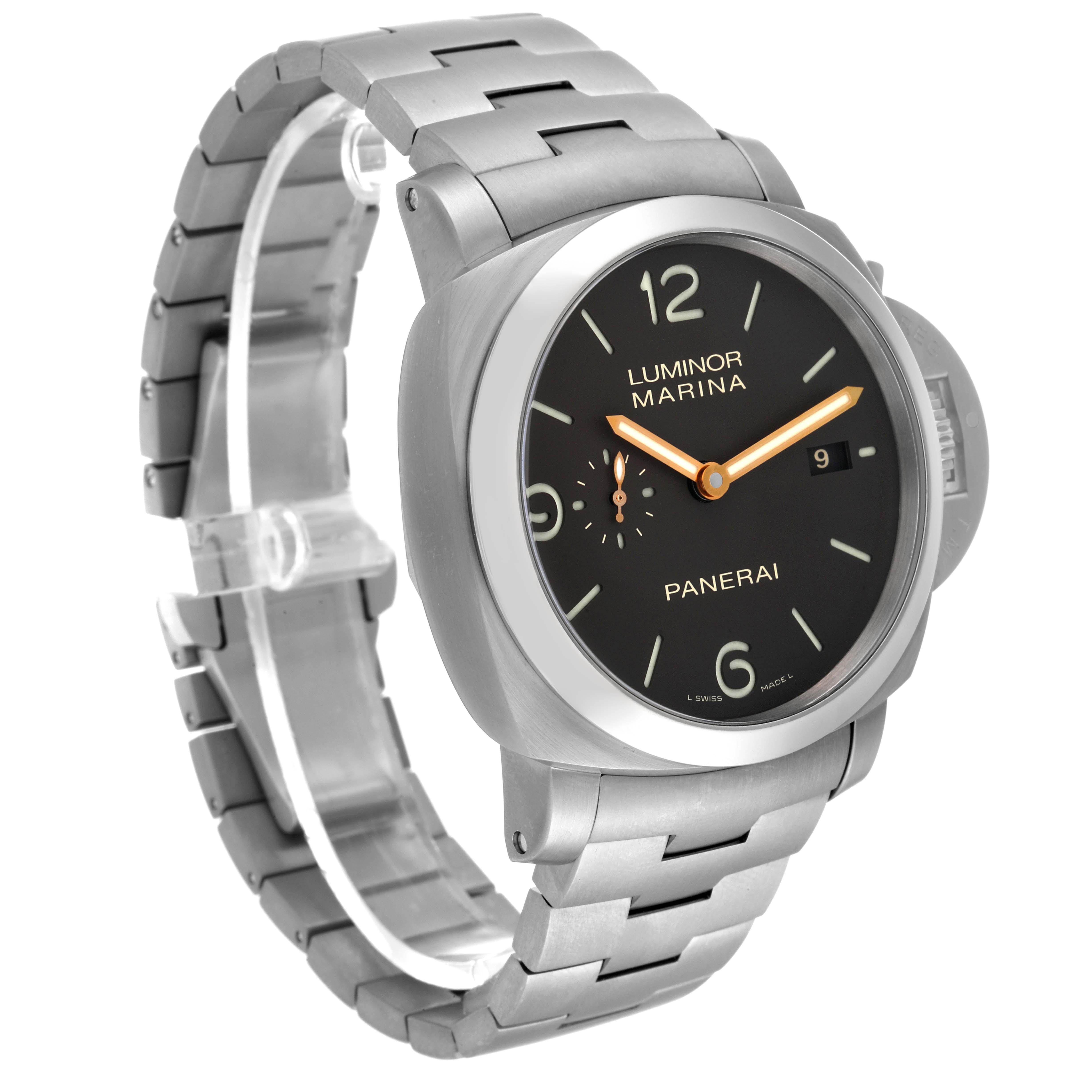 The image shows a side and front angle view of a Panerai Luminor PAM00352 Men's Titanium Brown Dial PAM00352 Men's Titanium Brown Dial watch, highlighting its dial, hands, and bracelet.